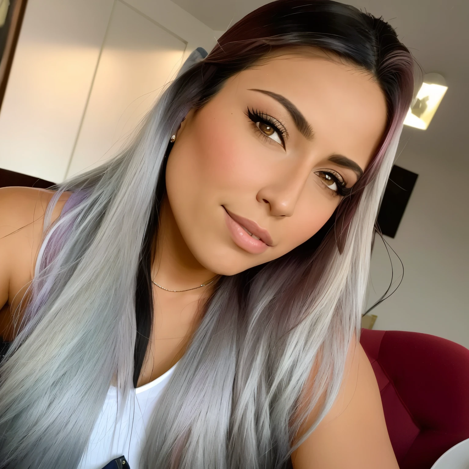 There's a long-haired woman sitting at a table with a plate of food, Morena com cabelos tingidos de loiro, Mulher de 3 0 anos, mulher de 30 anos, lindo rosto latina, ayahausca, linda mulher mexicana, fernanda suarez, Alanis Guillen, angelawhite, 28 anos de idade, Estefânia Villegas Burgos