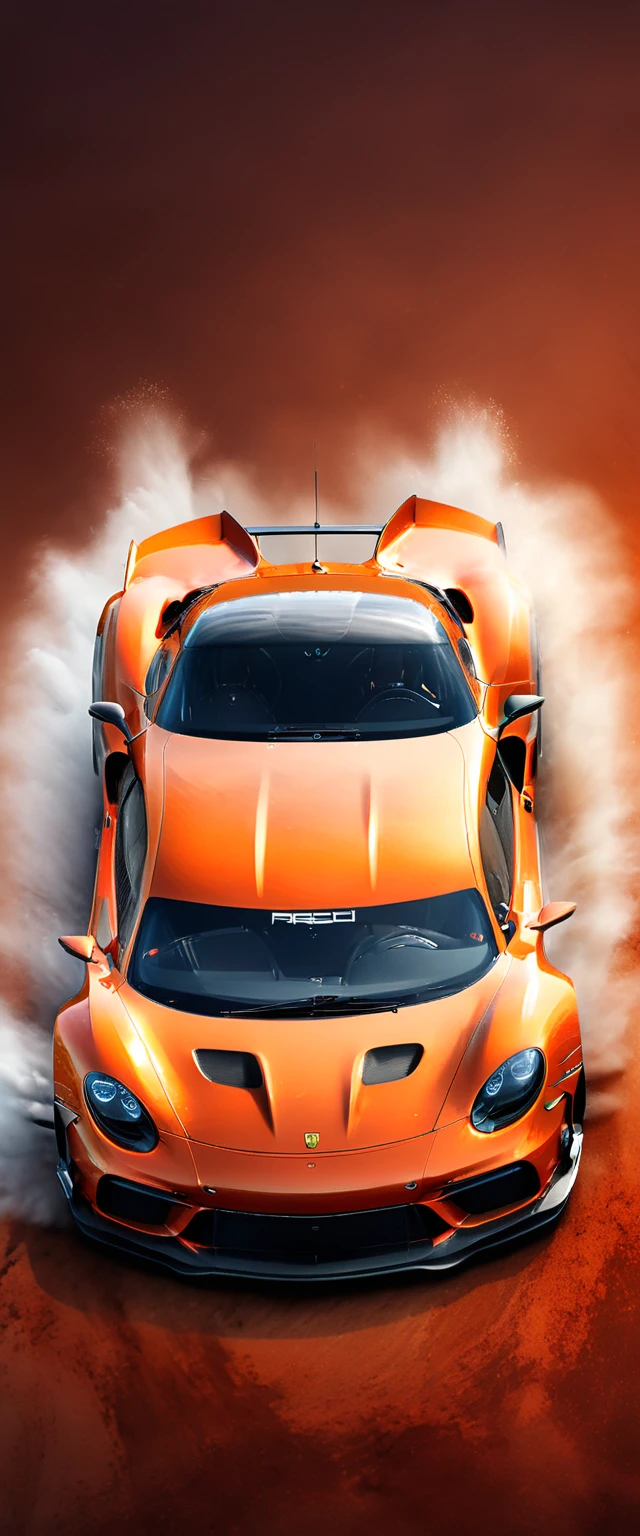 This is a photo composite.double contact.There is a cool sports car type racing car，The background is shaped by a running wolf。Presentation of speed racing。The background of the picture is in a watercolor style with dark orange gradient，minimalist design。The bottom is equipped with the words &quot;PORSCHE&quot;。Picture quality HD.(best quality,4k,8k,high resolution,masterpiece:1.2),Super detailed,(actual,photoactual,photo-actual:1.37),