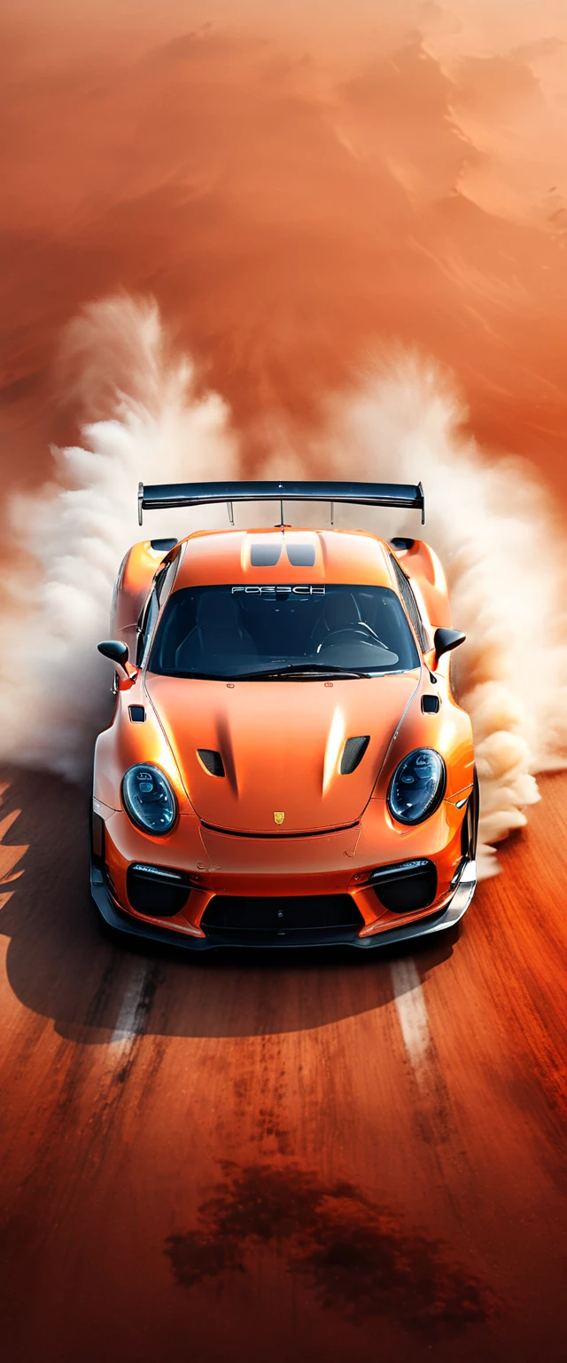 This is a photo composite.double contact.There is a cool sports car type racing car，The background is shaped by a running wolf。Presentation of speed racing。The background of the picture is in a watercolor style with dark orange gradient，minimalist design。The bottom is equipped with the words &quot;PORSCHE&quot;。Picture quality HD.(best quality,4k,8k,high resolution,masterpiece:1.2),Super detailed,(actual,photoactual,photo-actual:1.37),