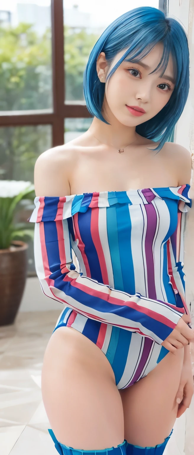 romantic idol、whole body、good style、、、、、colorful striped tight bodysuit（off shoulder）、blue hair