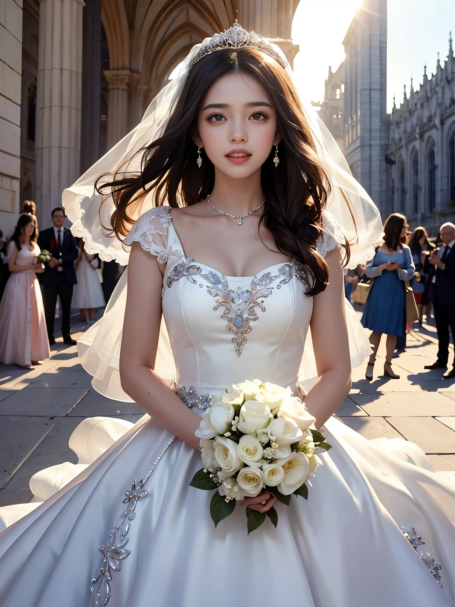 best quality, masterpiece, 1 girl, huge laugh, cute , shiny lips, sweet, sun glare, Conservative attire, wedding dress, bridal tiara, depth of field, blurred background, Cathedral Background, light particles, strong wind, head tilt, long hair, 