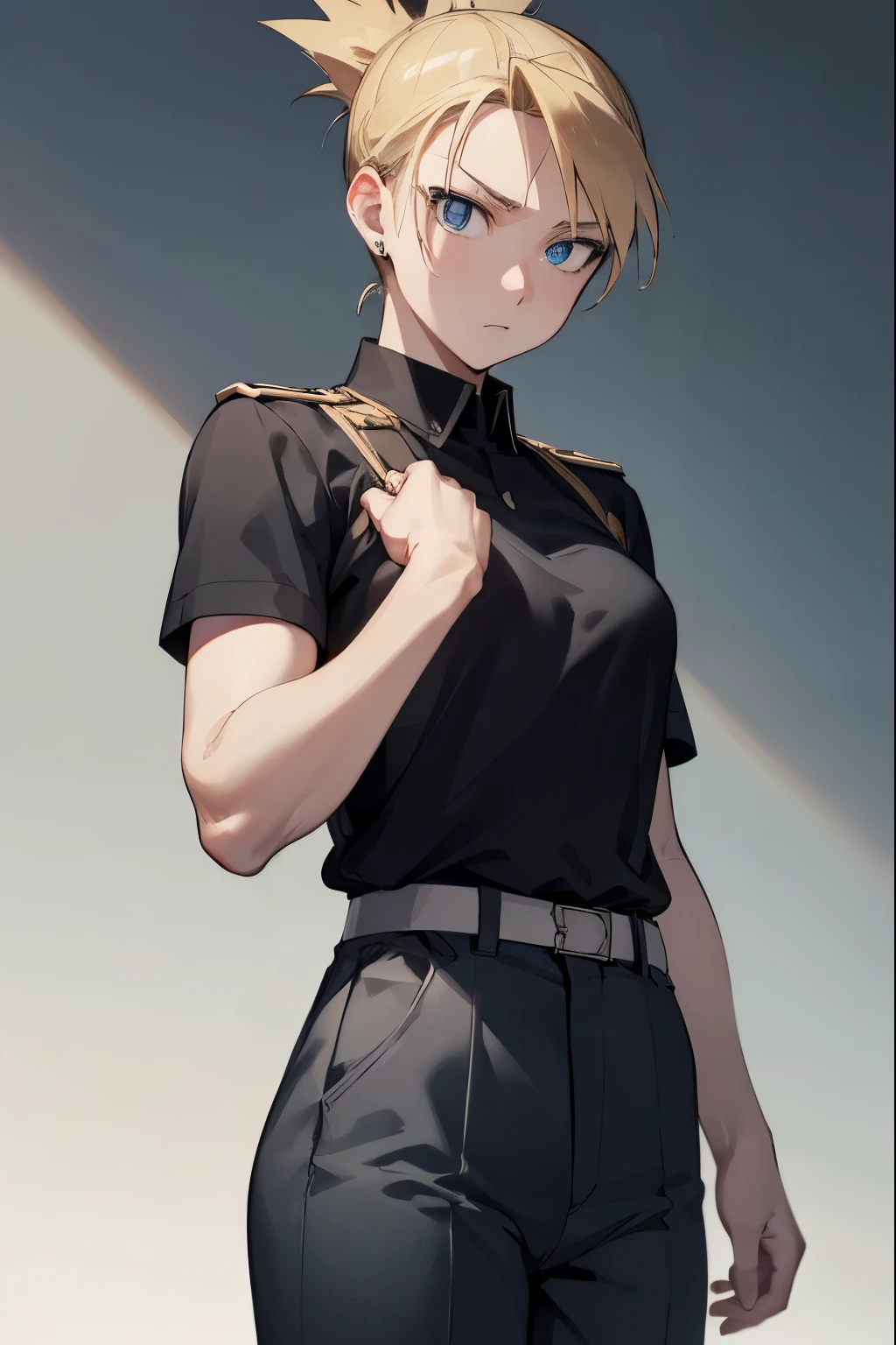 it will happen to you, Riza Hawkeye, blonde hair, (black eye:1.5), folded ponytail,
break shirt, short sleeve, earrings, pants, uniform, army, black shirt, army uniform, blue pants,
break looking at viewer, full body,
break indoors,
break (masterpiece:1.2), highest quality, High resolution, unity 8k wallpaper, (figure:0.8), (detailed and beautiful eyes:1.6), highly detailed face, perfect lighting, Very detailed CG, (perfect hands, perfect anatomy),