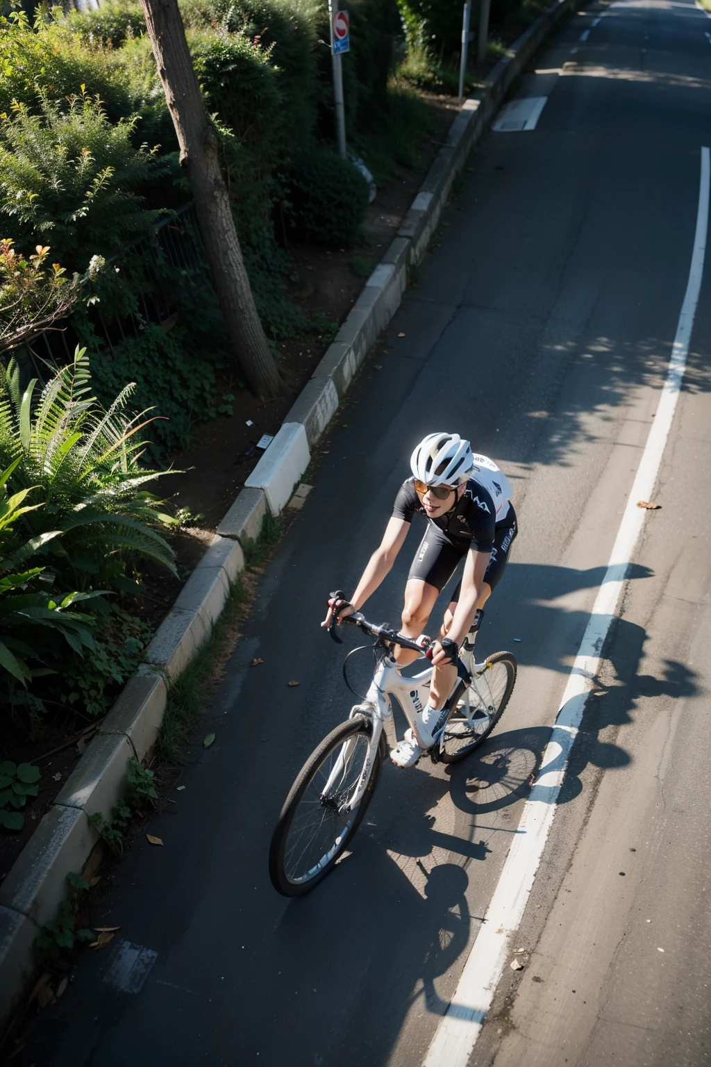 summer，man，Cycling，overhead shot，side