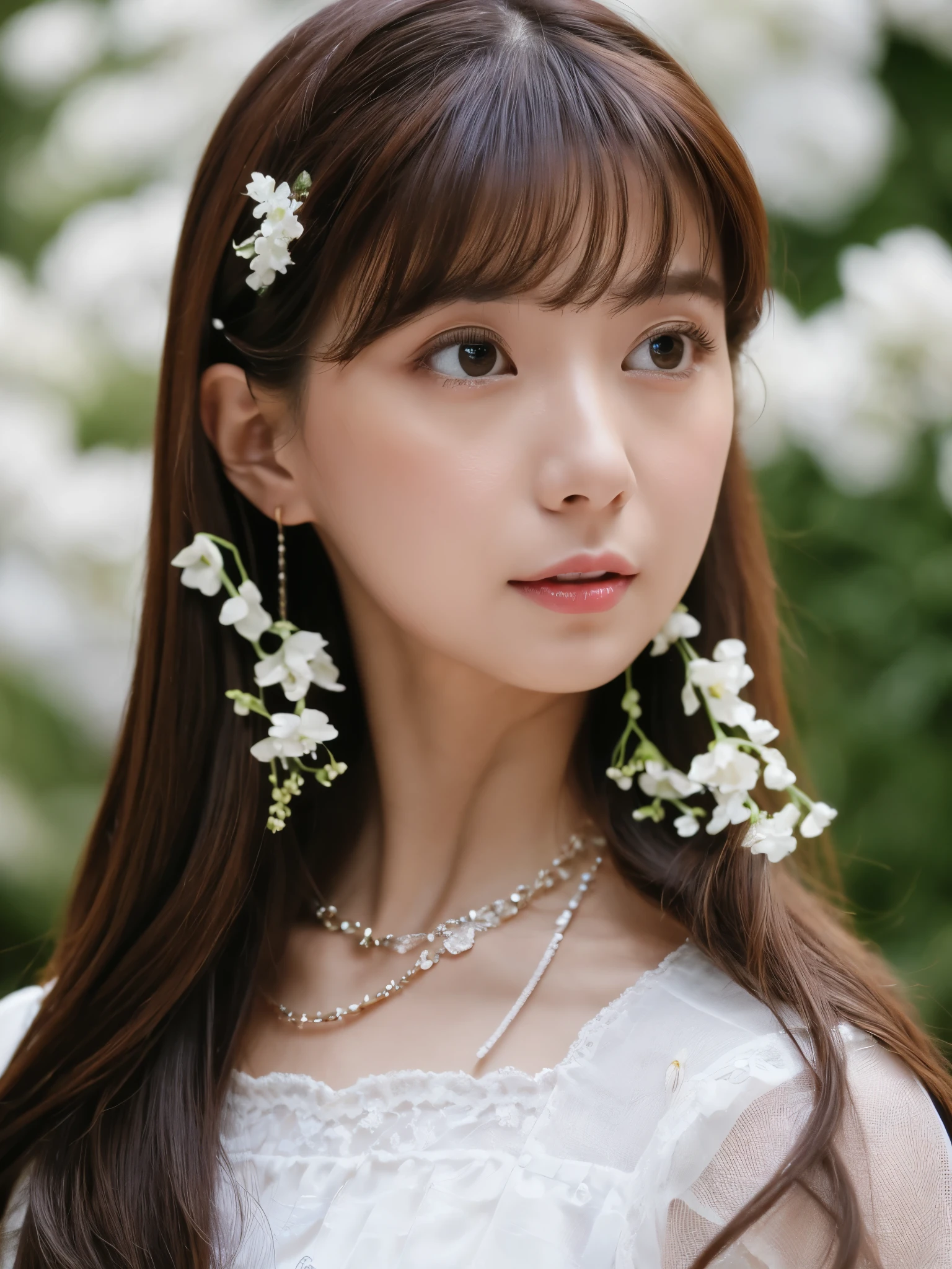 (Best Quality Detail:1.2), realisitic, 8K UHD, high resolution, Fuji Film(Medium format), Hasselblad, Carl zeiss, Incredible dynamic range photography(UTIL_Art by Smoose-768:1.1), (1girl in:1.2), The ultra-detailliert, High quality textures, intricate detailes, detaileds, Very detailed CG, High quality shadows, Detail Beautiful delicate face, Detail Beautiful delicate eyes, depth of fields, Ray traching, 30 years old, Pretty Japanese Girl, Slender face, Glossy lips, glow eyes, perfect body, look at viewer, (Jewelry Accessories), (Eye color brown), (Bright red flower hair ornament), (White long hair), (Layered Hair Style), (Black Gothic Lolita), White flowers bloom all over the wall