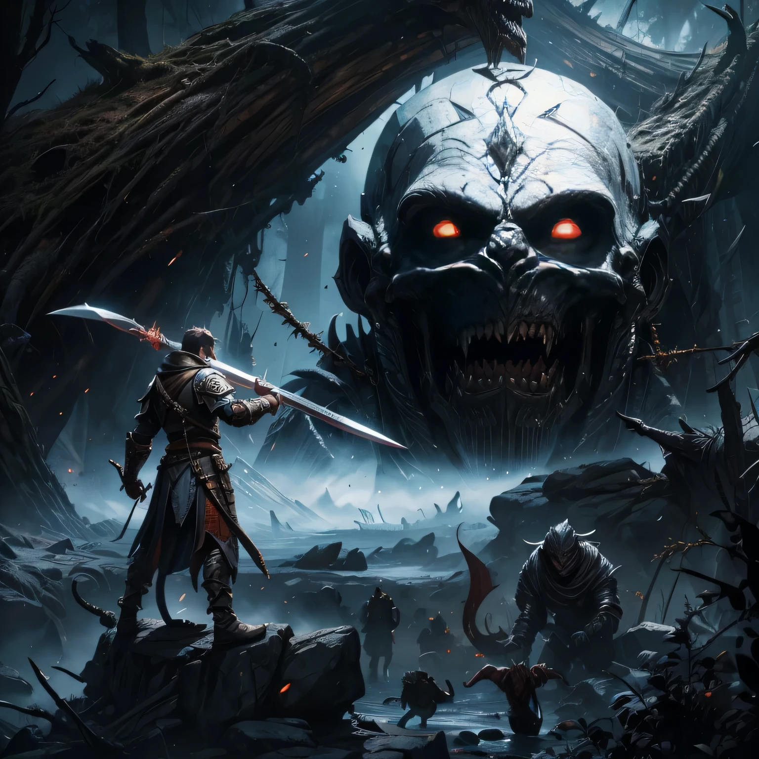 arafed image of a man with a sword standing in front of a giant demonic creature, 8 k hd wallpaperjpeg artifact, 8k hd wallpaperjpeg artifact, concept art wallpaper 4k, 4 k concept art, 4k concept art, from vermintide 2 video game, epic fantasy game art, 8k hd concept art