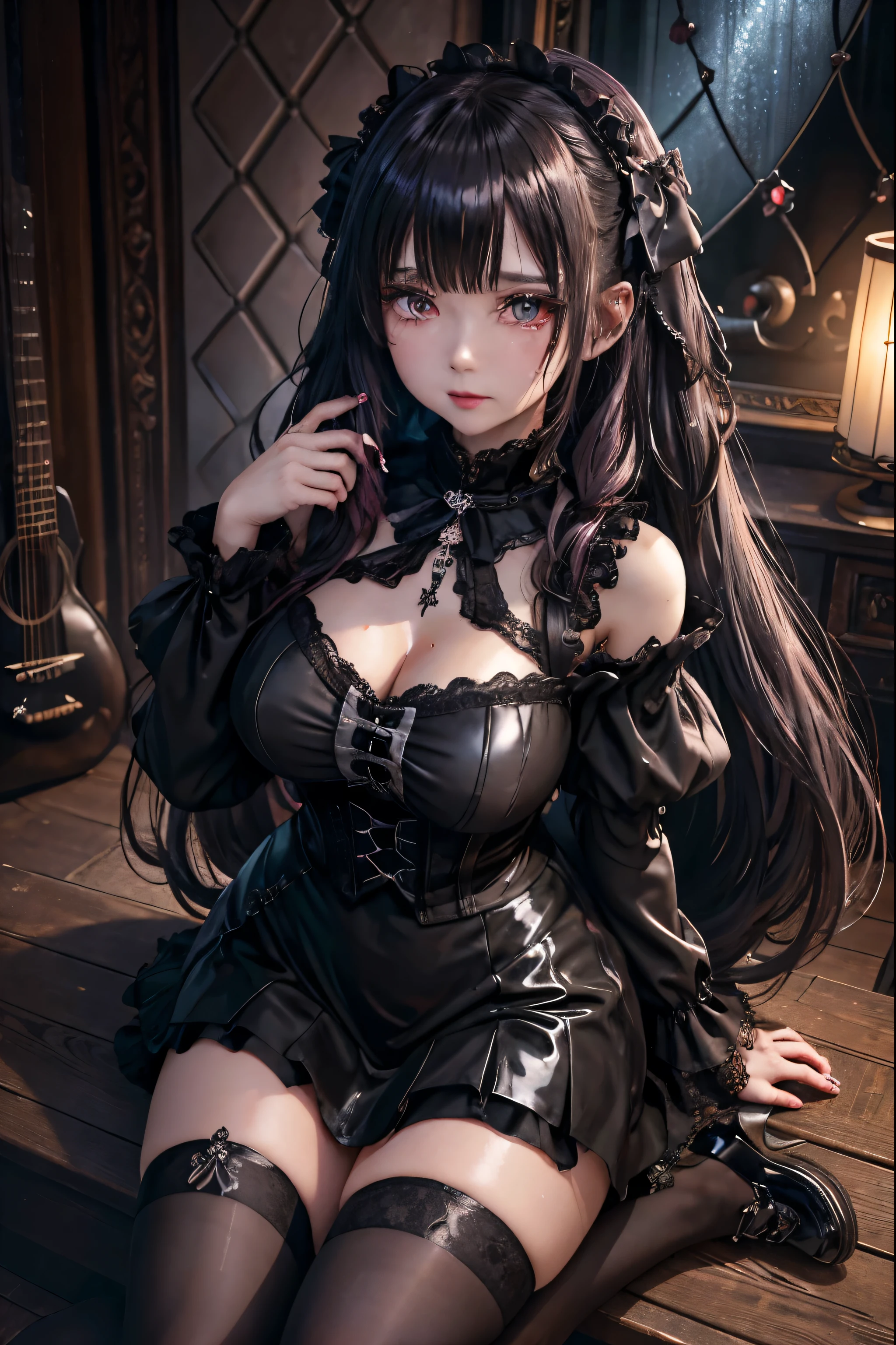 ハードdark gothicメイク、Insanity、deep night sky、horror、black dark eyeshadow、cry、grieve、Good skin glow、dark gothicメイク、dark smile、restless palace、expression of sexual excitement、fragrant beauty、22 years ago、Lie、lure、Expression of intense sexual pleasure、embarrassed look、dark gothic、Gothic ta、bell sleeve、wizard sleeve、lewd expression、Stained glassが背景、pieces fly、highest quality、Browse 5 books、Sweat shines on my chest、Expression of sexual pleasure in suffering、drunk face、Maid outfit mysterious、Noble、A face that is holding back the toilet、flirty gothic clothing、My body is wet and shiny、super sexy、Lots of glitter on the thighs、I'm sweating a lot、loving smile、twin tail hair、my thighs are so wet、jet black ruffle skirt、with shadow、right blue eye, left eye is red、Sit on a gothic bed covered in roses、Super bewitching pose、Gravure photography、knee high socks、thigh high socks、A lot of sweat and stickiness on the thighs、Plenty of plumpness, shiny thighs、Sweat glistens on your thighs, your whole body is sweaty and shiny、glamorous、platform heel shoes、pretty sweaty、My thighs are sweaty、dark makeup、Breast size is modest、black lipstick、重厚感のあるdark gothicロングドレス、bright pink hair、long hair straight hair、Stained glass、black metal world、open your legs loosely、her thighs are a little glamorous、黒いplay the guitar、guitar girl、play the guitar、guitar playing、gothic guitar、have a guitar、have a guitar、