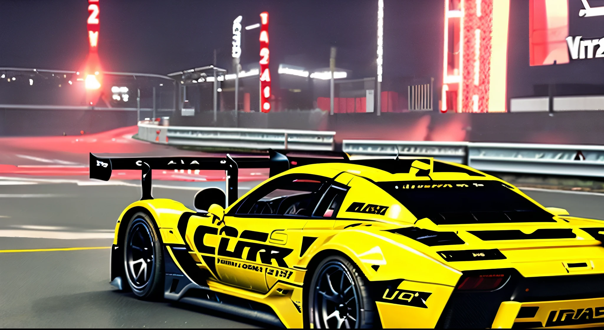 ultra 8k quality, a formula 1 car during the race, in yellow-black colors, the whole scene conveys the emotion of a race, very detailed, in the background you can see another car that has an accident. it's raining, it's evening and you can see many bright advertisements on the side.
