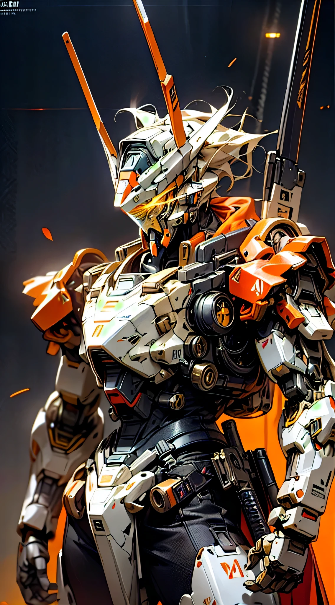 Gundam Mecha, Orange Rune Surrounds, Orange Rune Floats, Orange and White Intersect, Dark_Fantasy, Cyberpunk, (Best Quality, Masterpiece), On the Moon, 1 Man, Mechanical Marvel, Robot Presence, Cybernetics Guardian, City, Highest Quality, Stunning Art, Wallpaper 4k, Highly Detailed, Military Robot, Army, Warzone, , Highest Quality Digital Art, Wallpaper 4K, 8K, K, HD, Unbeatable Masterpiece, Dynamic Lighting, Movie, Epic, Damaged mechanical parts, golden eyes, hand-held weapons, head surrounded by halos,