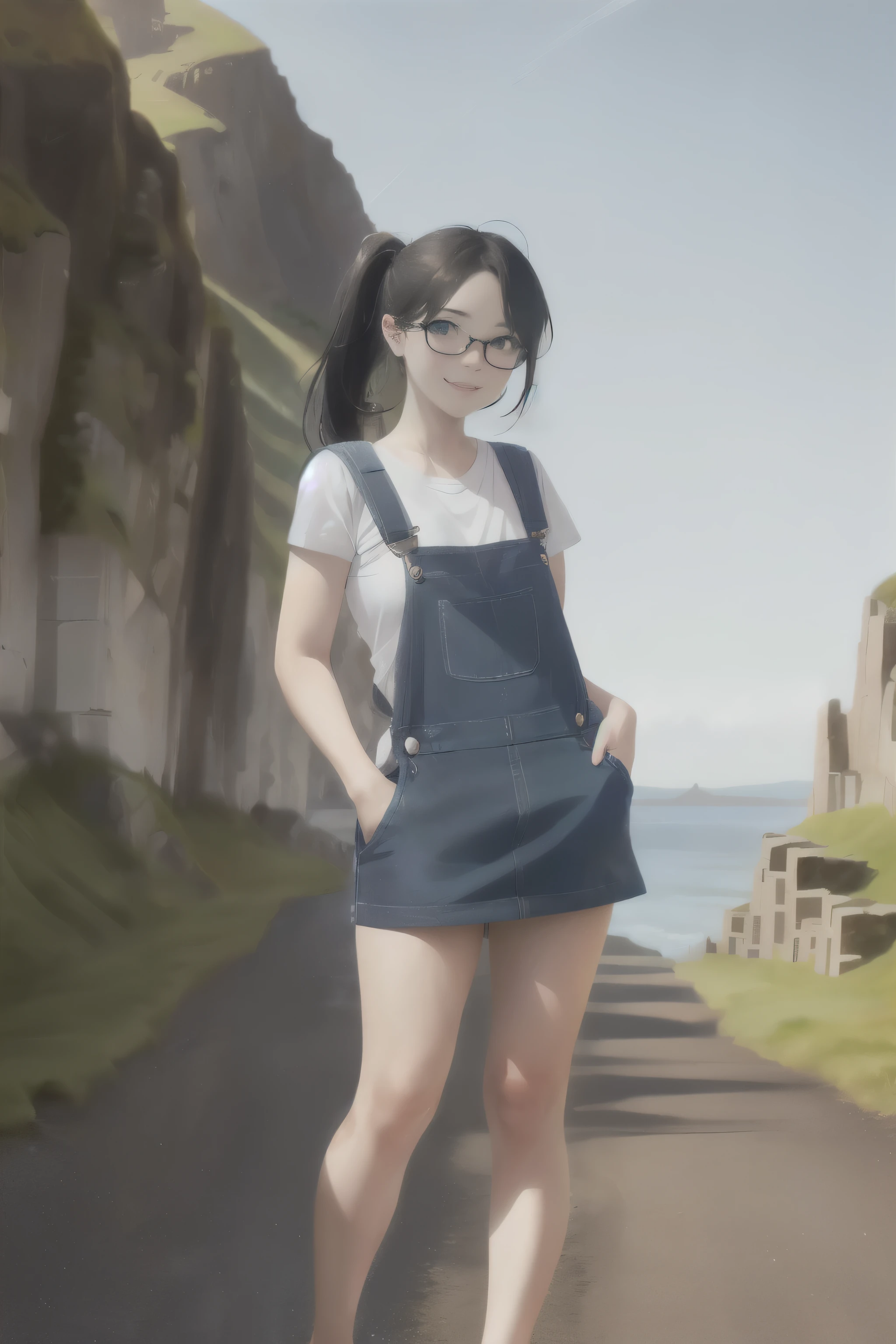 ((Wide angle shot, full body shot)) beautiful female tourist, black hair in a ponytail, smooth, wearing large glasses, smile at the corner of the mouth, ((Wear oversized overalls and a short skirt.)) morning light, Giant's Causeway, Ireland