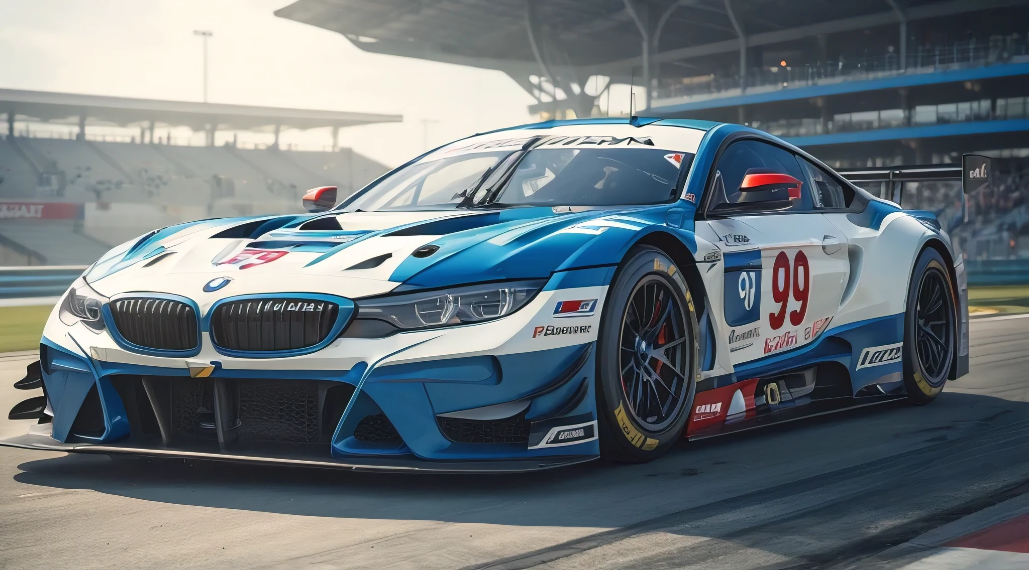 (best quality, masterpiece:1.2), design concept, endurance racing car produced by bmw, with sponsor decals and number "99", parking at the paddock, detailed illustration