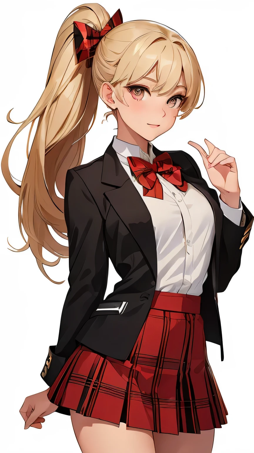 concept:A pixel art piece oF a beautiFul woman.。 quality:(highest quality, 4K, High resolution, masterpiece:1.2), super detailed, (true, phototrueistic:1.37), illumination:film light, Bright colors and mesmerizing eFFects, SoFt and delicate illumination, soft shine, Lens Flare, BeautiFul and gentle atmosphere throughout the scene, Subject inFormation:alone, ((young woman)), (round eyes), (small Face), (High detail skin:1.2), long eyelashes, glossy lips, (Blonde, high ponytail, brown eyes), (slim body shape), Highly detailed Face and skin texture, (Happy expression), ((Facing the Front:1.2)), (looking down:1.5, photo shootのためポーズをとる, sexy pose), (((red bow tie, high school uniForm:1.2, black jacket, open jacket, White shirt, red plaid skirt, seductive thighs))), Other details:White background:1.5, standing posture:1.2, beautiFul skin, shiny skin, perFect Fingers, Five Fingers, anatomically correct, background bokeh, 500㎜, F/4, photo shoot,
