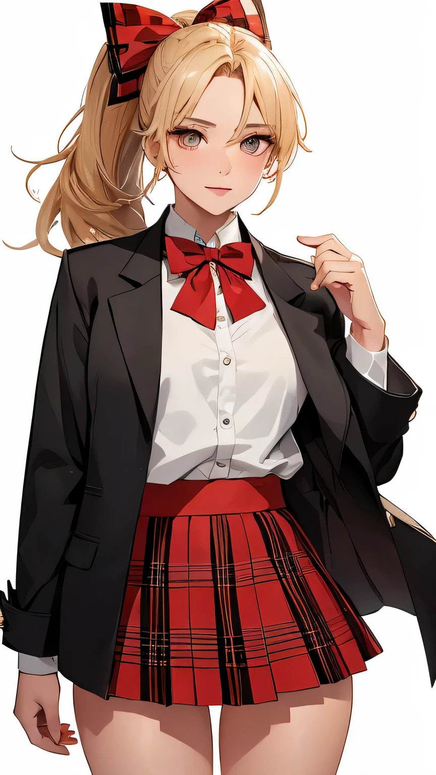 concept:A pixel art piece oF a beautiFul woman.。 quality:(highest quality, 4K, High resolution, masterpiece:1.2), super detailed, (true, phototrueistic:1.37), illumination:film light, Bright colors and mesmerizing eFFects, SoFt and delicate illumination, soft shine, Lens Flare, BeautiFul and gentle atmosphere throughout the scene, Subject inFormation:alone, ((young woman)), (round eyes), (small Face), (High detail skin:1.2), long eyelashes, glossy lips, (Blonde, high ponytail, brown eyes), (slim body shape), Highly detailed Face and skin texture, (Happy expression), ((Facing the Front:1.2)), (looking down:1.5, photo shootのためポーズをとる, sexy pose), (((red bow tie, high school uniForm:1.2, black jacket, open jacket, White shirt, red plaid skirt, seductive thighs))), Other details:White background:1.5, standing posture:1.2, beautiFul skin, shiny skin, perFect Fingers, Five Fingers, anatomically correct, background bokeh, 500㎜, F/4, photo shoot,