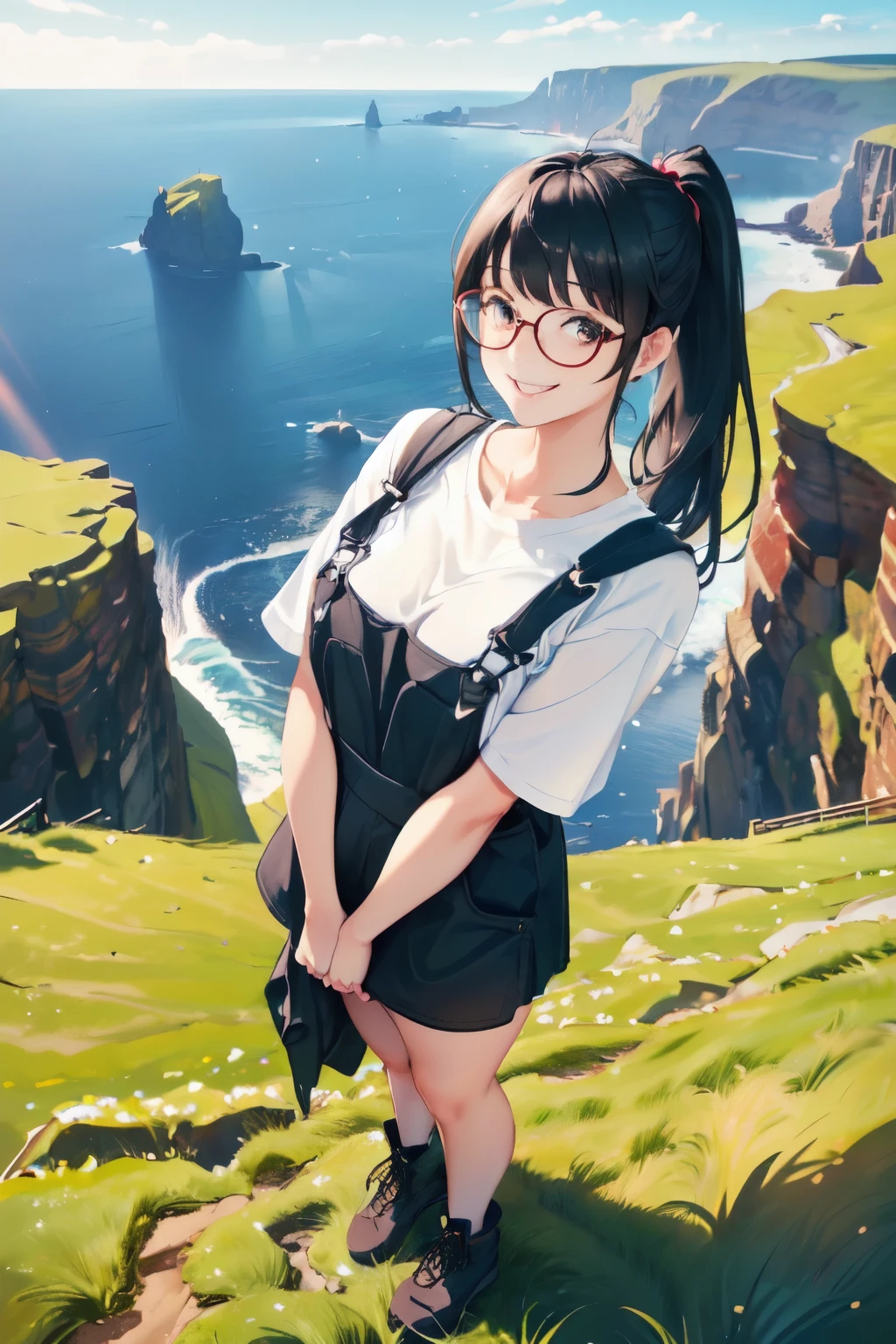 ((wide angle shot, full body shot)) beautiful female tourist, black hair in a ponytail, bangs, wearing large glasses, smiling at the corners of the mouth, ((wearing a large overalls and mini skirt)) morning light, Giant's Causeway, Ireland