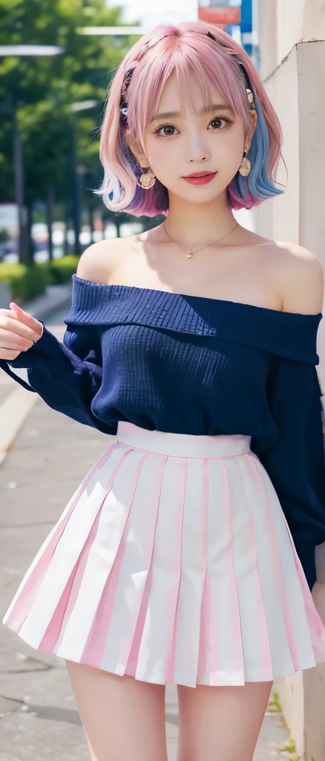 romantic idol、whole body、good style、、、、、Colorful striped pleated mini skirt costume(off shoulder)、colorful blue and pink hair
