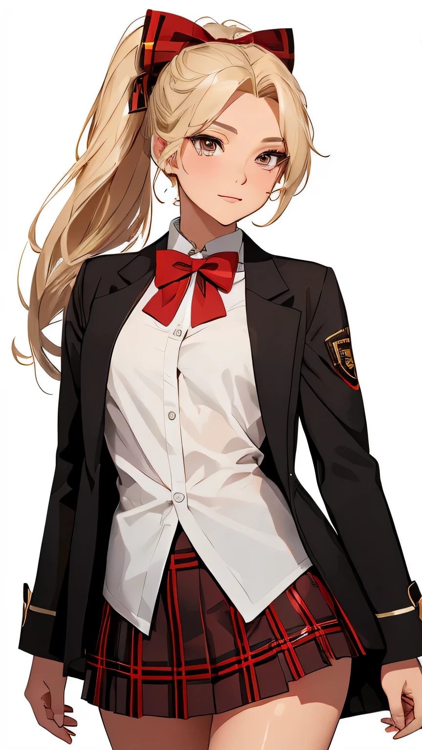 concept:A pixel art piece oF a beautiFul woman.。 quality:(highest quality, 4K, High resolution, masterpiece:1.2), super detailed, (true, phototrueistic:1.37), illumination:film light, Bright colors and mesmerizing eFFects, SoFt and delicate illumination, soft shine, Lens Flare, BeautiFul and gentle atmosphere throughout the scene, Subject inFormation:alone, ((young woman)), (round eyes), (small Face), (High detail skin:1.2), long eyelashes, glossy lips, (Blonde, high ponytail, brown eyes), (slim body shape), Highly detailed Face and skin texture, (Happy expression), ((Facing the Front:1.2)), (looking down:1.5, photo shootのためポーズをとる, sexy pose), (((red bow tie, high school uniForm:1.2, black jacket, open jacket, White shirt, red plaid skirt, seductive thighs))), Other details:White background:1.5, standing posture:1.2, beautiFul skin, shiny skin, perFect Fingers, Five Fingers, anatomically correct, background bokeh, 500㎜, F/4, photo shoot,