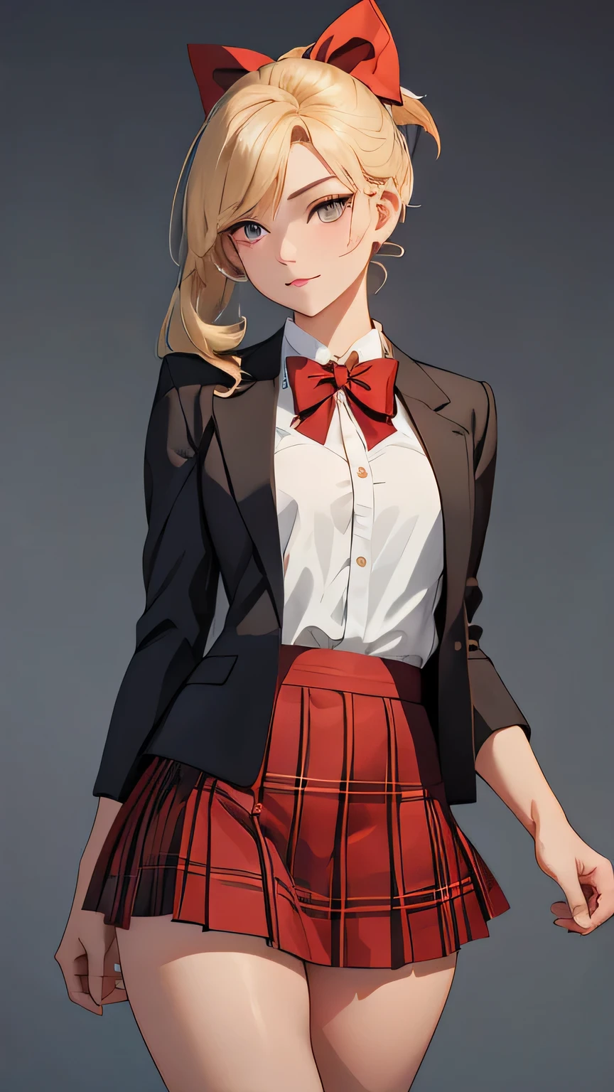 concept:A pixel art piece oF a beautiFul woman.。 quality:(highest quality, 4K, High resolution, masterpiece:1.2), super detailed, (true, phototrueistic:1.37), illumination:film light, Bright colors and mesmerizing eFFects, SoFt and delicate illumination, soft shine, Lens Flare, BeautiFul and gentle atmosphere throughout the scene, Subject inFormation:alone, ((young woman)), (round eyes), (small Face), (High detail skin:1.2), long eyelashes, glossy lips, (Blonde, high ponytail, brown eyes), (slim body shape), Highly detailed Face and skin texture, (Happy expression), ((Facing the Front:1.2)), (looking down:1.5, photo shootのためポーズをとる, sexy pose), (((red bow tie, high school uniForm:1.2, black jacket, open jacket, White shirt, red plaid skirt, seductive thighs))), Other details:White background:1.5, standing posture:1.2, beautiFul skin, shiny skin, perFect Fingers, Five Fingers, anatomically correct, background bokeh, 500㎜, F/4, photo shoot,