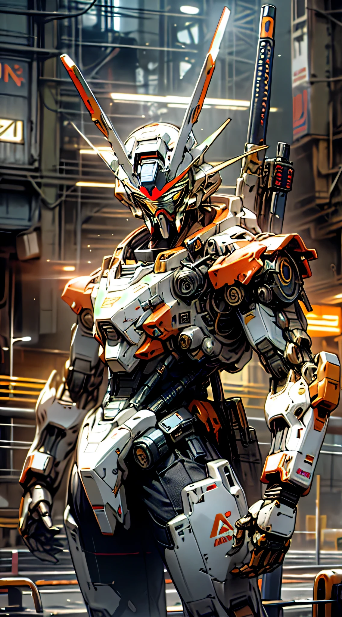 Gundam Mecha, Orange Rune Surrounds, Orange Rune Floats, Orange and White Intersect, Dark_Fantasy, Cyberpunk, (Best Quality, Masterpiece), On the Moon, 1 Man, Mechanical Marvel, Robot Presence, Cybernetics Guardian, City, Highest Quality, Stunning Art, Wallpaper 4k, Highly Detailed, Military Robot, Army, Warzone, , Highest Quality Digital Art, Wallpaper 4K, 8K, K, HD, Unbeatable Masterpiece, Dynamic Lighting, Movie, Epic, Damaged mechanical parts, golden eyes, hand-held weapons, head surrounded by halos,