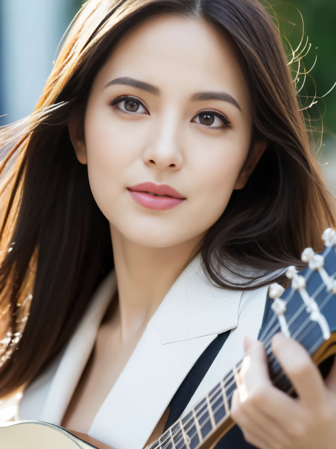 ((angelina sole)),((highest quality, 8K, masterpiece : 1.3)), sharp focus : 1.2, beautiful woman with perfect figure : 1.4, slim abs : 1.2, ((dark brown hair)), (Natural light, city street : 1.1), Highly detailed face and skin texture, fine eyes, double eyelid、((professional makeup:1.3))、((sexy milf:1.3))、thick lips、lip gloss、eye make up,((Arabic:1.3)),close-up portrait, model body、wearing a business suit, sharp focus, perfect dynamic composition, 美しくてfine eyes, thin hair, ((white division:1.3))、(playing the guitar:1.3))、((face forward:1.3))