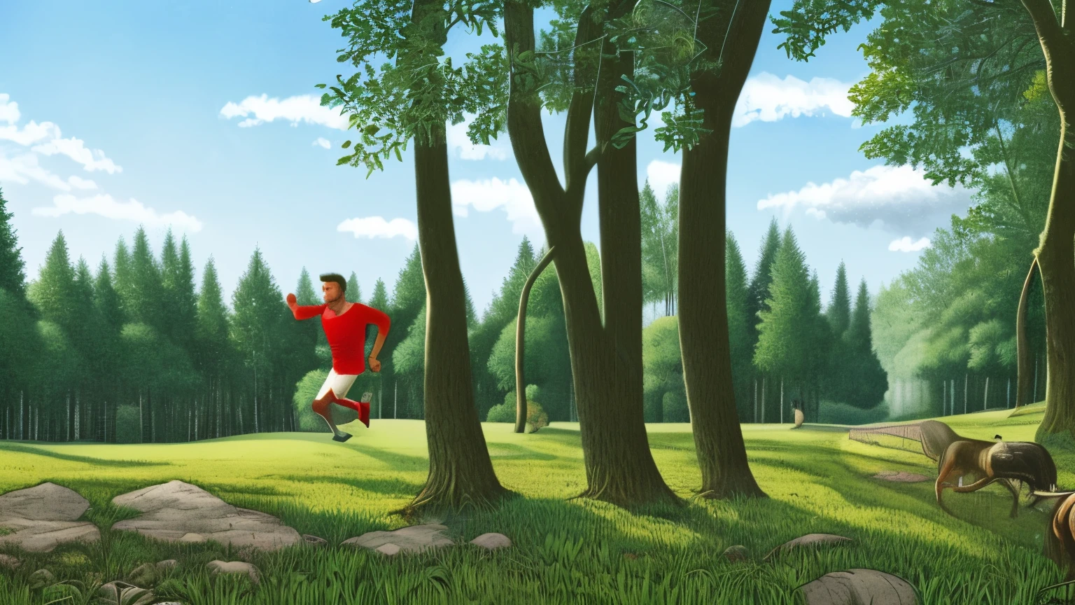 He is running along a trail in the midst of a lush forest, sunlight filtering through the tree canopy above. His face is lit up with a radiant smile as his feet lightly touch the ground. Behind him, a trail of luminous energy follows his path, symbolizing the increase in his energy levels. Meanwhile the atmosphere is calm and serene, with trees standing tall against a cloudless blue sky. By Martin Ansin comic style, illustration, painting
