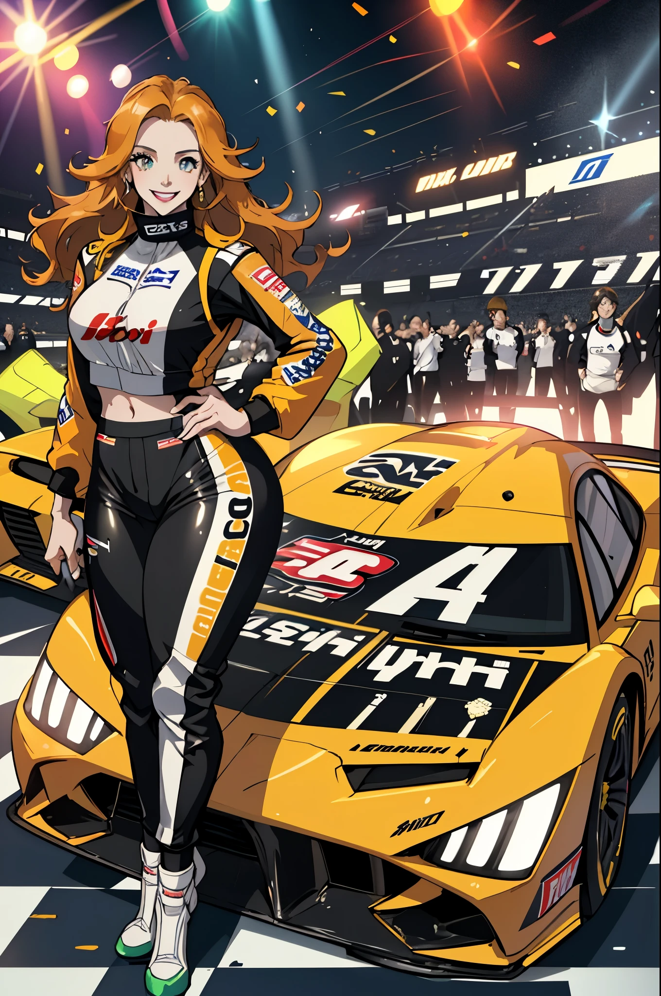(highest quality,High resolution),Tess Durrett,pole position,holding a racing helmet,standing inside her race car,smile,anime style,bright colors,dynamic lighting,glossy finish,energetic pose,attention to detail,sparkling eyes,flowing long hair,Wear a racing suit,car checkered flag pattern,exciting atmosphere,lively expression