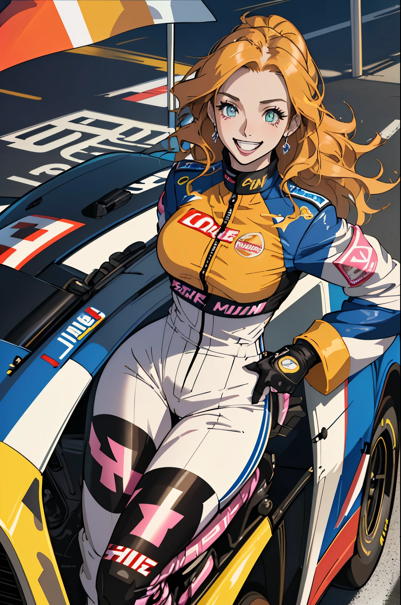 (highest quality,High resolution),Tess Durrett,pole position,holding a racing helmet,standing inside her race car,smile,anime style,bright colors,dynamic lighting,glossy finish,energetic pose,attention to detail,sparkling eyes,flowing long hair,Wear a racing suit,car checkered flag pattern,exciting atmosphere,lively expression