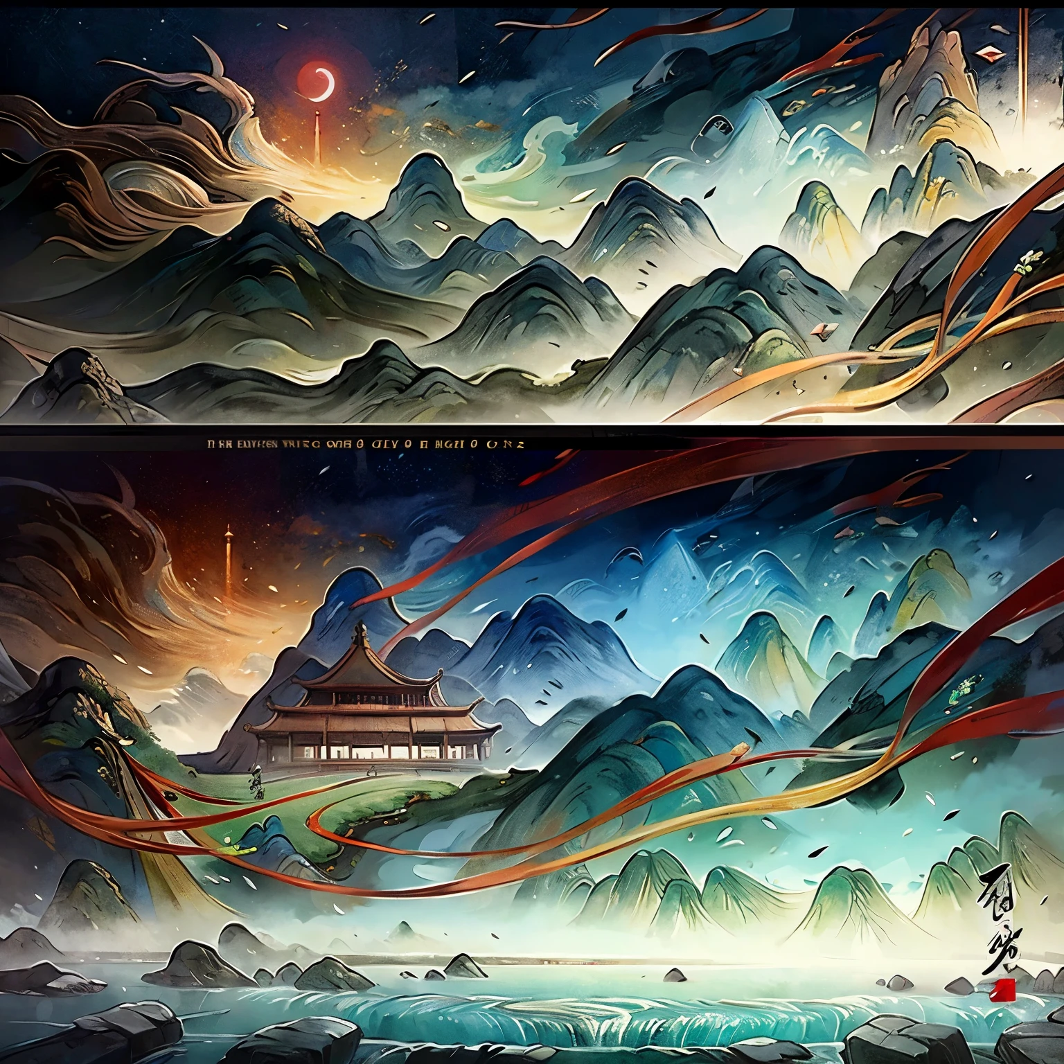 a chinese painting, Chinese background, Mountain, river, Xiangyun, exhibition hall, Sunlight, masterpiece, Super details, epic work, ultra high definition, high quality, Very detailed, official art, unified 8k wallpaper, Super details, 32k -- v 6