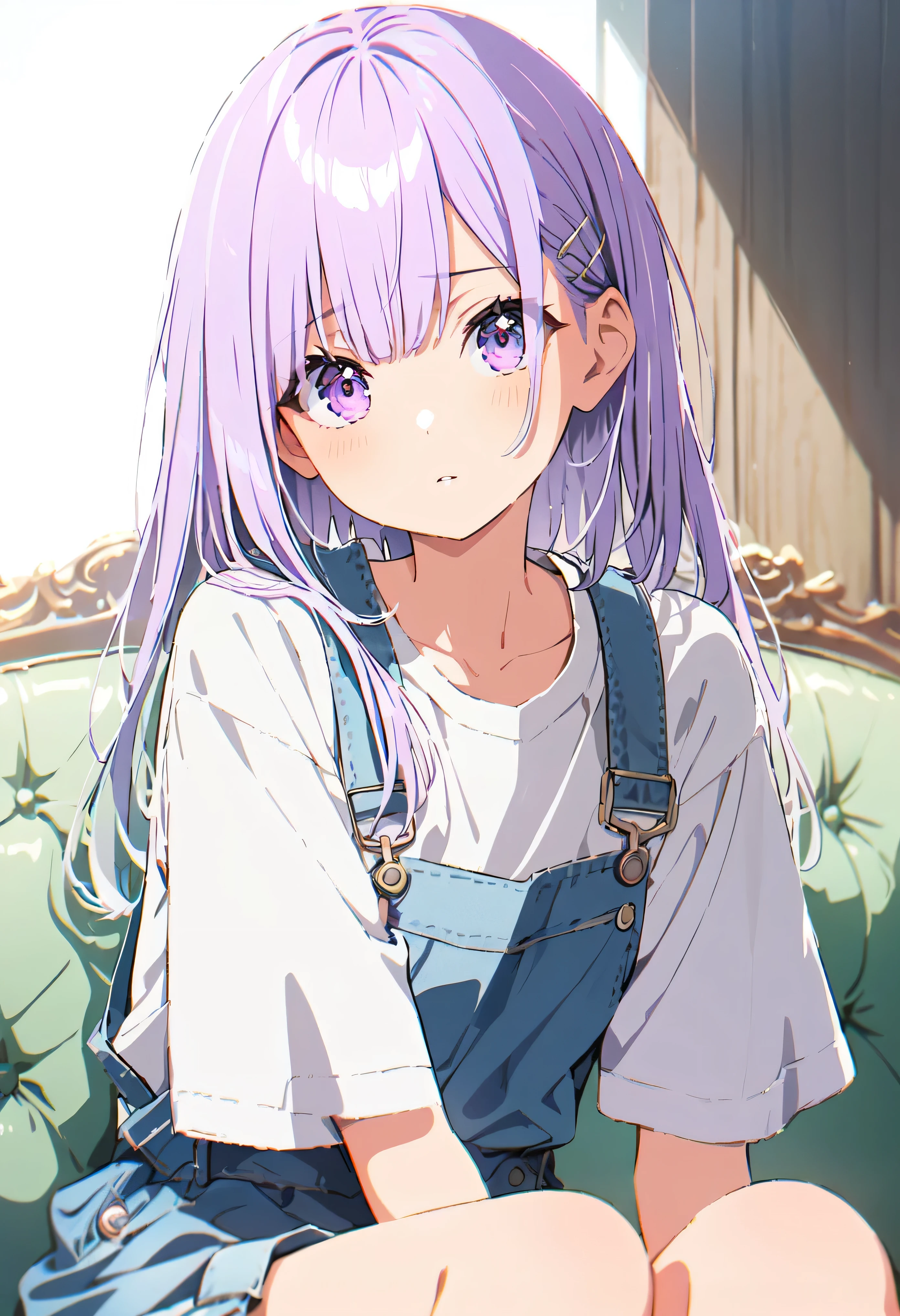 +masterpiece, highest quality, Super detailed, high school girl, beautiful face, Rich details, (long white hair), perfect face, overalls, sitting, close, shabby sofa