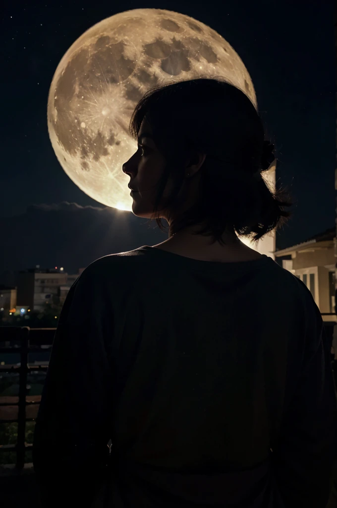 highest quality,big moon and shadow,A silhouette of a person can be seen against the background of the big moon.,There is one full moon,There is a mood,beautiful scenery,starry sky