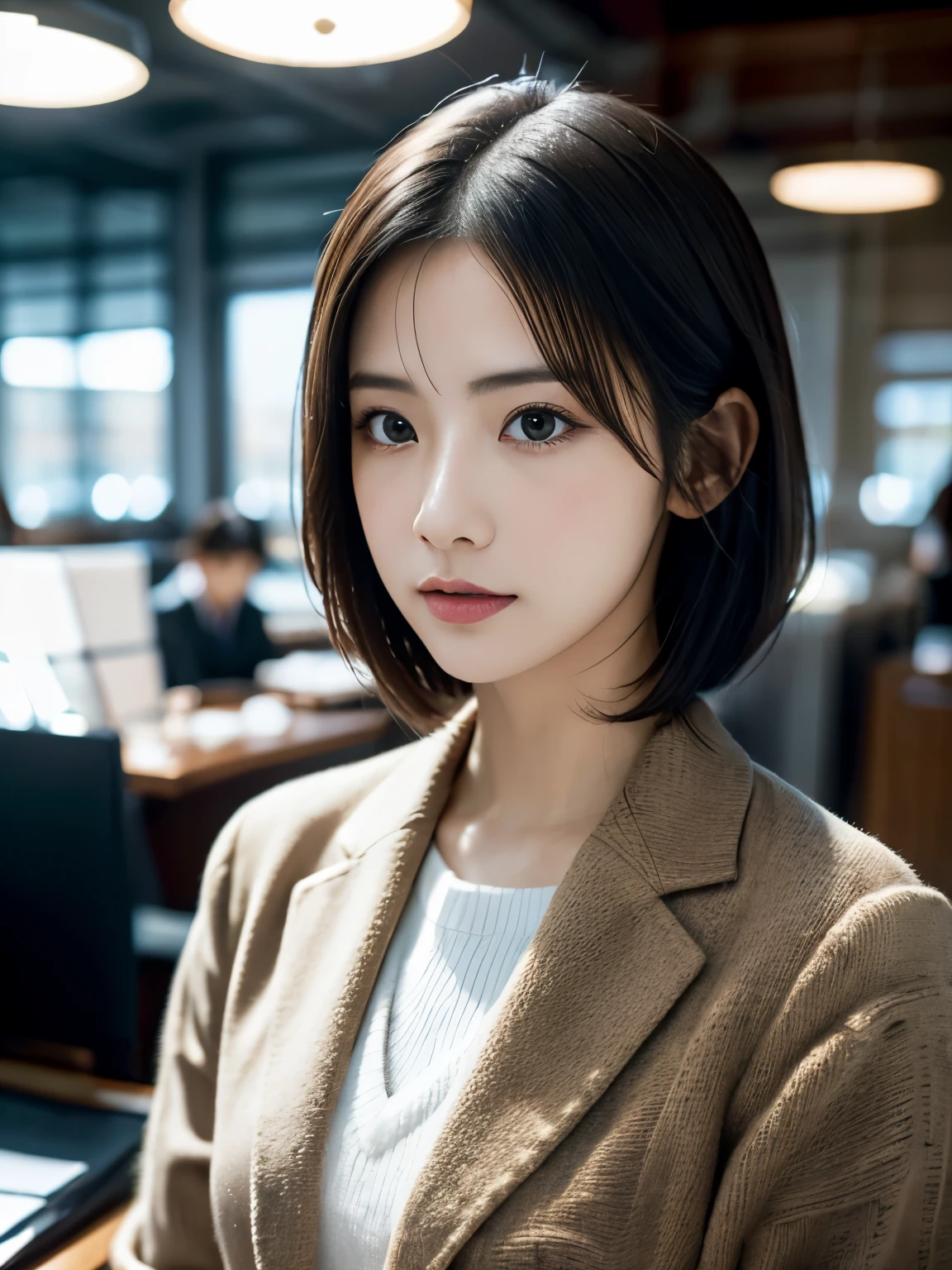 High resolution, Realistic portrait of professional Japan office lady with perfect skin，short hair、Professional Suit，ladies suits，standing posture，Upper body，woman at work，Show confidence and maturity, Surrounded by a modern corporate environment, Highlights illuminated by vivid natural light. The artwork should highlight her elegant facial features,Fluttering eyelashes and seductive lips. The scene should be enhanced with elements of professionalism and visual appeal，for example, stylish work desk, mainframe computer, High resolutionolution display, and complicated stationery. overall tone is warm、must be professional, A soft and natural color palette. Artwork must exude professionalism, success, and cultural pride，The background is blurred