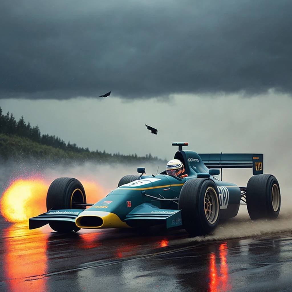 . (m14a f1 car 70s) racing in a rainy stormy weather, (water dust:1.2), (many crows in the sky:1.2), by Simon Stalenhag, masterpiece, best quality, anime, highly detailed background, perfect lighting, best quality, 4k, 8k, ultra highres, raw photo in hdr, sharp focus, intricate texture, best quality, 4k, 8k, ultra masterpiece, 4K, high quality, dgtlv2