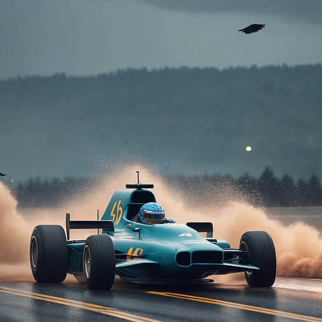 . (m14a f1 car 70s) racing in a rainy stormy weather, (water dust:1.2), (many crows in the sky:1.2), by Simon Stalenhag, masterpiece, best quality, anime, highly detailed background, perfect lighting, best quality, 4k, 8k, ultra highres, raw photo in hdr, sharp focus, intricate texture, best quality, 4k, 8k, ultra masterpiece, 4K, high quality, dgtlv2