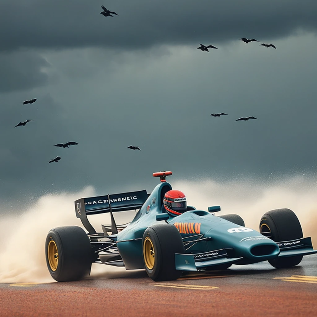 . (m14a f1 car 70s) racing in a rainy stormy weather, (water dust:1.2), (many crows in the sky:1.2), by Simon Stalenhag, masterpiece, best quality, anime, highly detailed background, perfect lighting, best quality, 4k, 8k, ultra highres, raw photo in hdr, sharp focus, intricate texture, best quality, 4k, 8k, ultra masterpiece, 4K, high quality, dgtlv2  