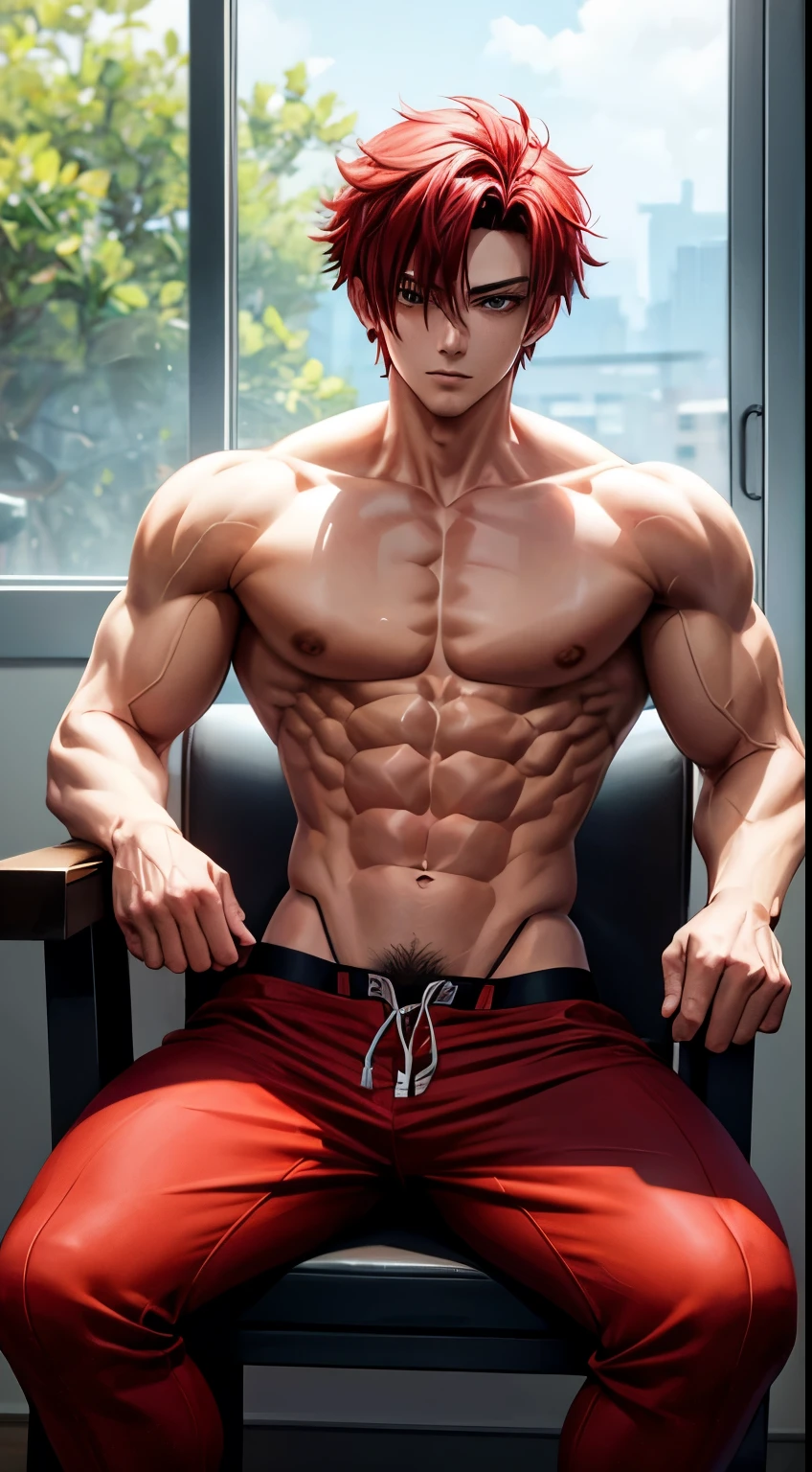 Anime shirtless guy with red hair sits on a chair with 6 pack abs with strong arms and legs and sides