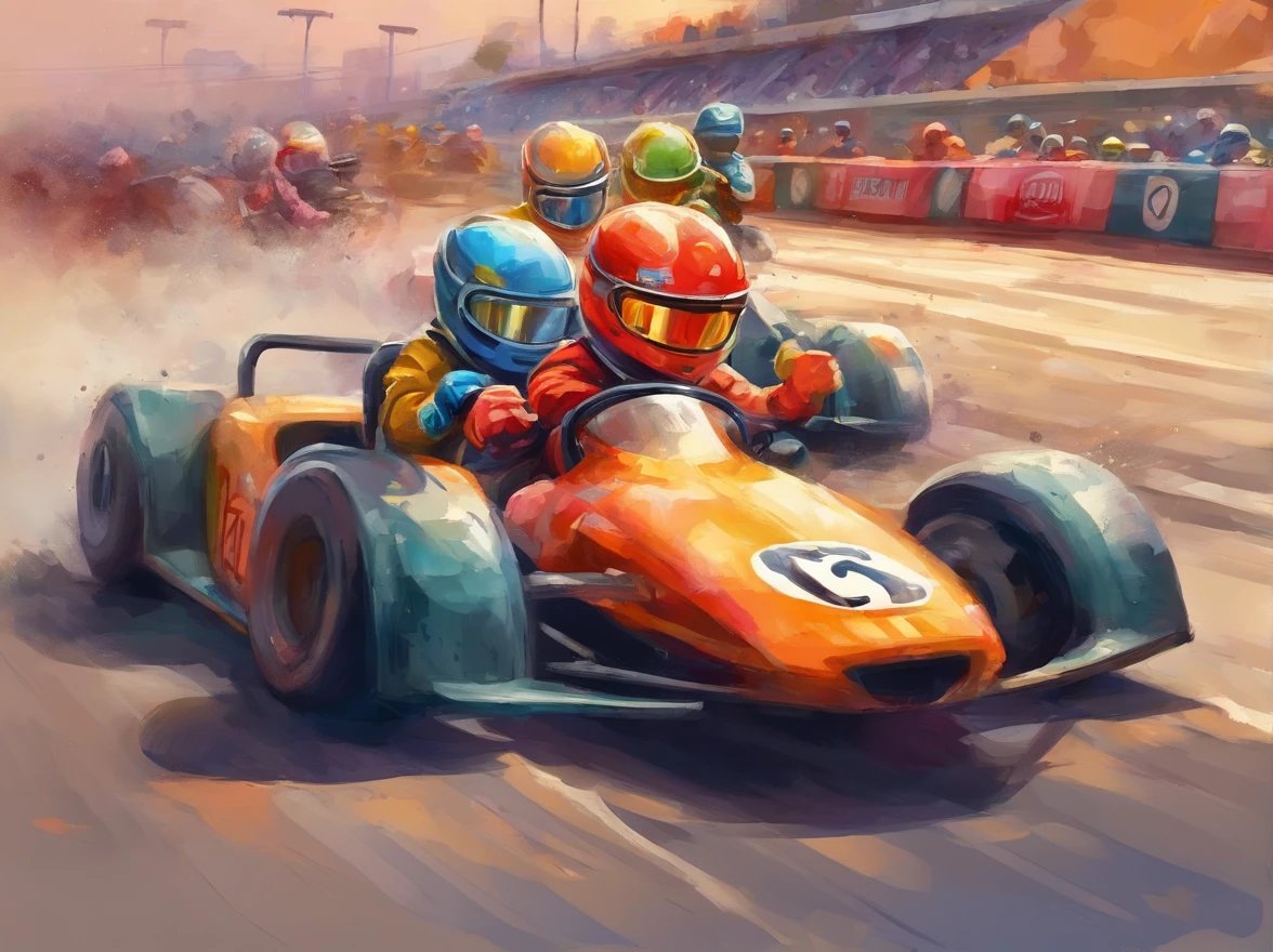 Three cartoon characters are riding on a track with helmets, New AI race, Alien racing drivers, f 1, race, helmet instead of head, helmet is off, Drivers, Ferrari, Formula 1, F1 cars blurred on the background, 🔞🤡, 🐋 as 🐘 as 🤖 as 👽 as 🐳, official modern animation, cognitohazard, anime, pixelized, kids cartoon, kawaii, racing, kart, Roliman, speedway, raceway, retro, arcade, game