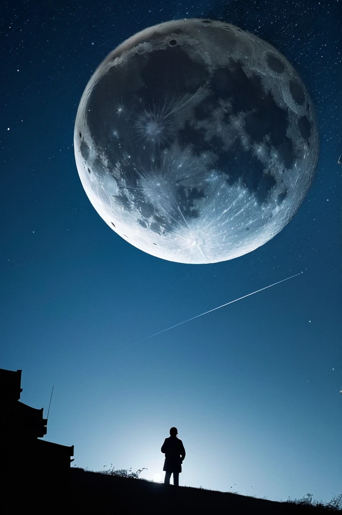 highest quality,big moon and shadow,A silhouette of a person can be seen against the background of the big moon.,There is one full moon,There is a mood,beautiful scenery,starry sky