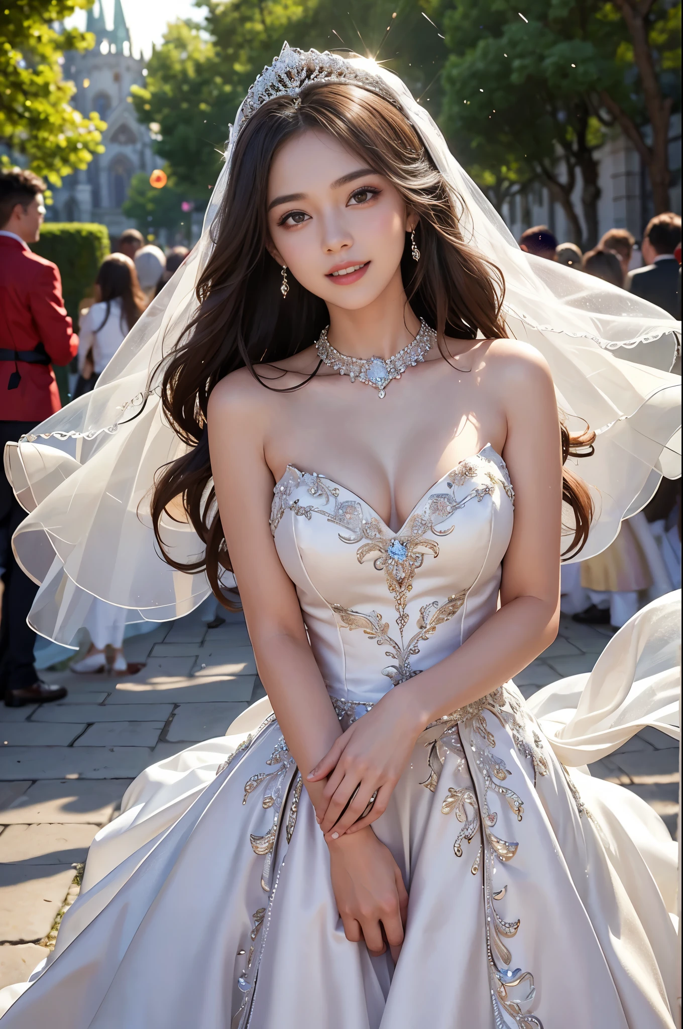 best quality, masterpiece, 1 girl, huge laugh, cute , shiny lips, sweet, sun glare, Conservative attire, Beaded bell-line wedding dress, bridal tiara, depth of field, blurred background, Cathedral Background, light particles, strong wind, head tilt, long hair,