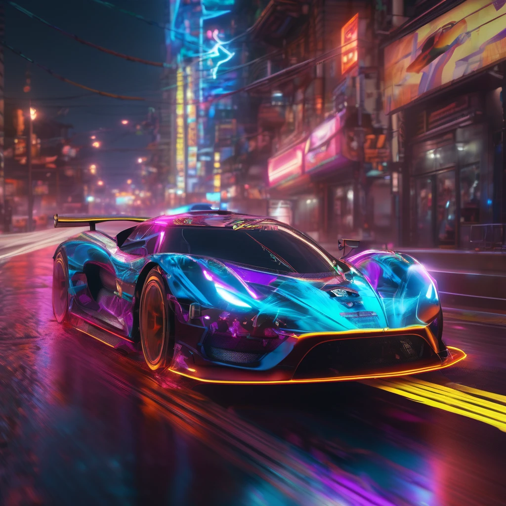 Racing Car, aesthetic, extremely detailed, speeding time lapse lightning flash neon car race detailed, detailed matte painting, deep color, fantastical, intricate detail, splash screen, complementary colors, fantasy concept art, 8k resolution trending on Artstation Unreal Engine 5