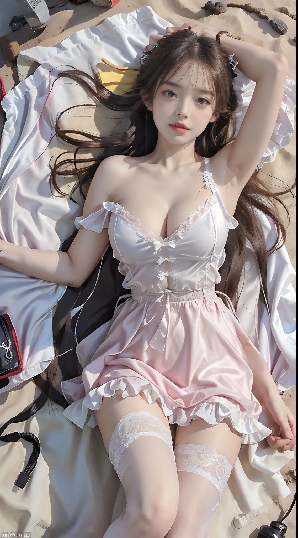 dress,white thighhighs,twin braids, (masterpiece, best quality:1.2), 1girl, solo, ((bare shoulders)), (actual:1.37), ((lying on a beach)), ((Bird's eye view shot)), Sweet maiden, beautiful妆容, Exquisite makeup, Extremely beautiful eyes, long hair, curls, slim body, ((big breasts, Big breasts, cleavage)), Sexy slender legs, The skirt is short, Leaking sexy legs, elegant posture, Dynamic posing, best quality, correct, correct的手, correct的腿, 解剖学correct, official art, complex, detail的脸, detail, lifelike, Very detailed, amazing, beautiful, Young and energetic, Charming model, Meticulous CG Uniform 8k wallpaper