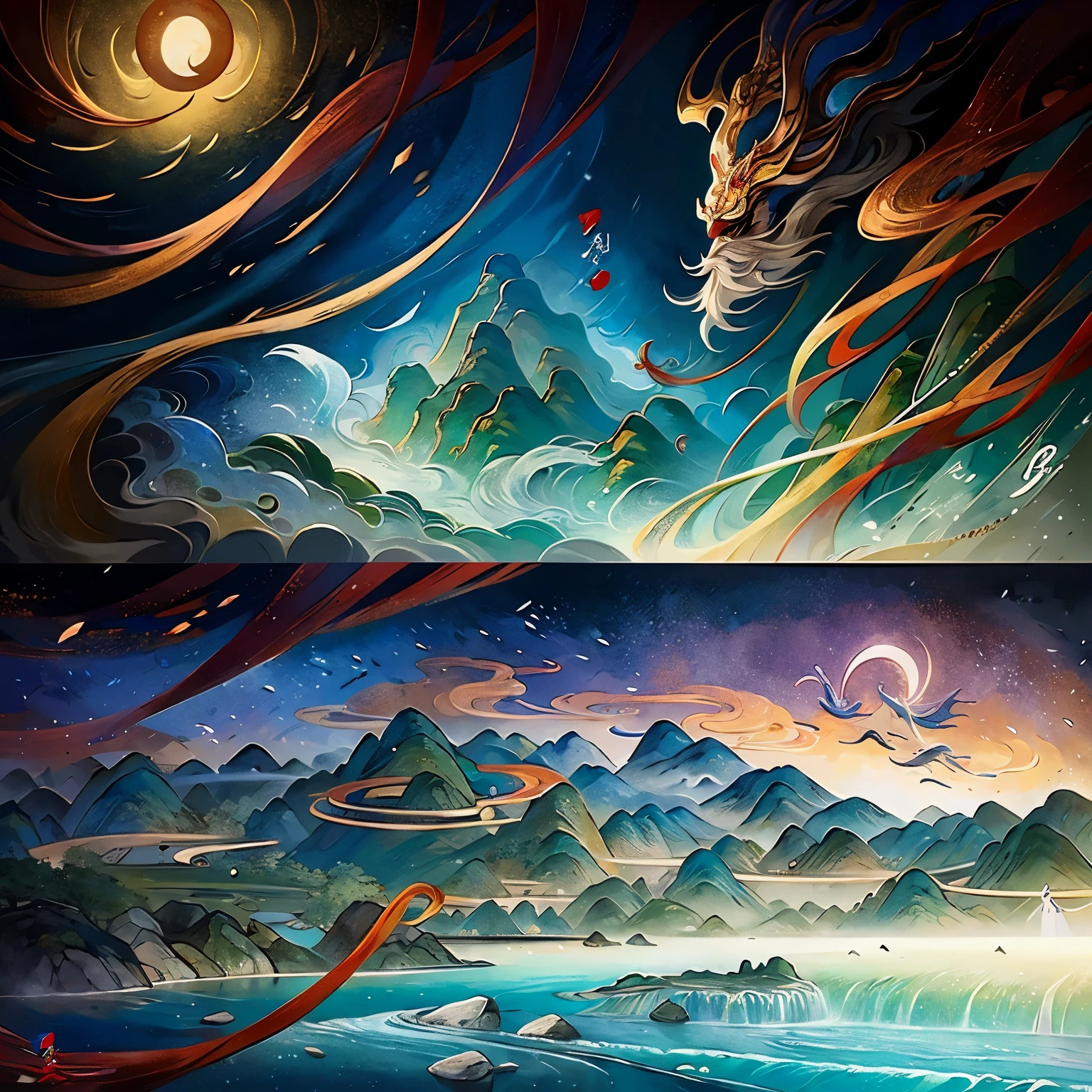 a chinese painting, Chinese background, Mountain, river, Xiangyun, exhibition hall, Sunlight, masterpiece, Super details, epic work, ultra high definition, high quality, Very detailed, official art, unified 8k wallpaper, Super details, 32k -- v 6
