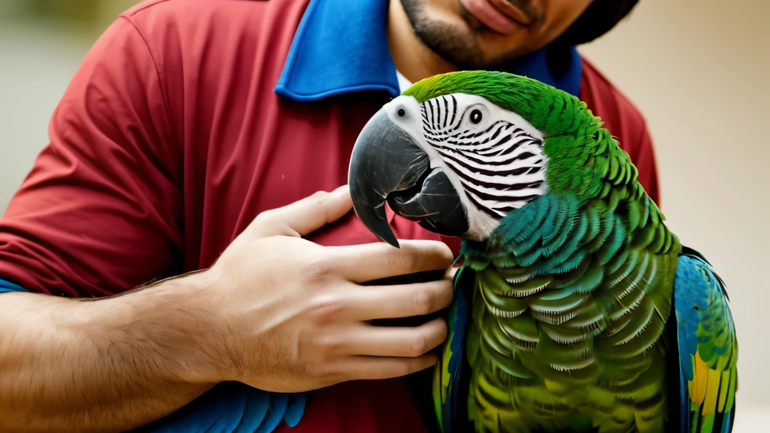 A parrot cuddled in the arms of its caretaker, expressing care and affection.A parrot cuddled in the arms of its caretaker, expressing care and affection.
