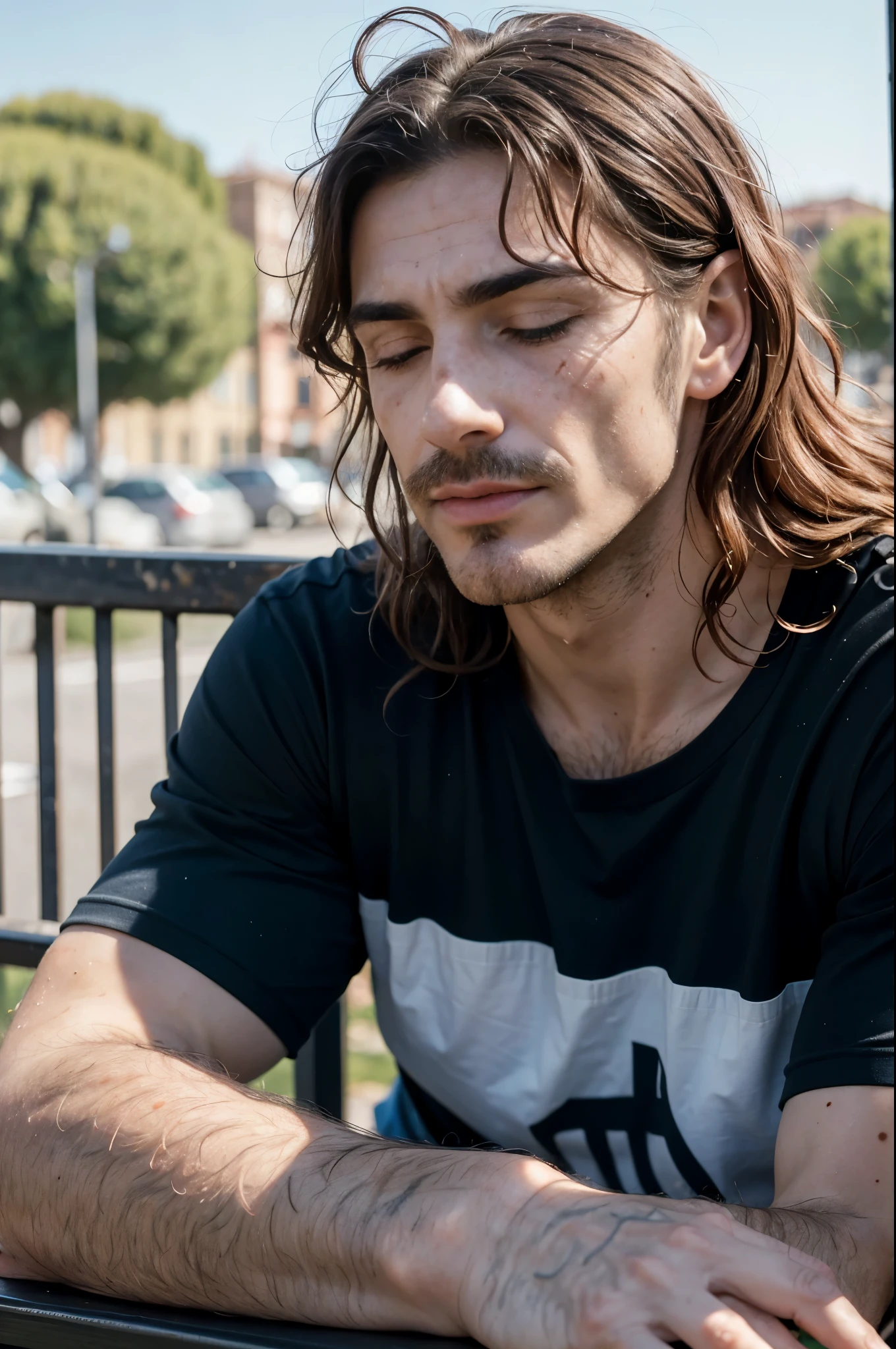 Very awful, (full detailed body) an Italian actor man sitting on a bench, (YES SFW), paparazzi photo of 65yo mature Italian actor man, long_hair, redhead, scars, (full body shot:1.2), long messy hair, scars and wounds on legs,long visible scars on body, (aged face:1.2), (colorful:0.6), (muscles:1.2), (acnes:1.2), (moles on body:1.2), (scars:1.2), (freckles:1.2), extremely detailed skin, detailed skin, messy and wavy red hair, (real pores:1.2), real pores, Italian man, thick black eyebrows, (Italian man:1.5), slightly open mouth, (closed eyes), navy t-shirt, knotted navy shirt, park in blurred background, shooting from below, (view from below), extremely detailed image, blurred background, low angle view