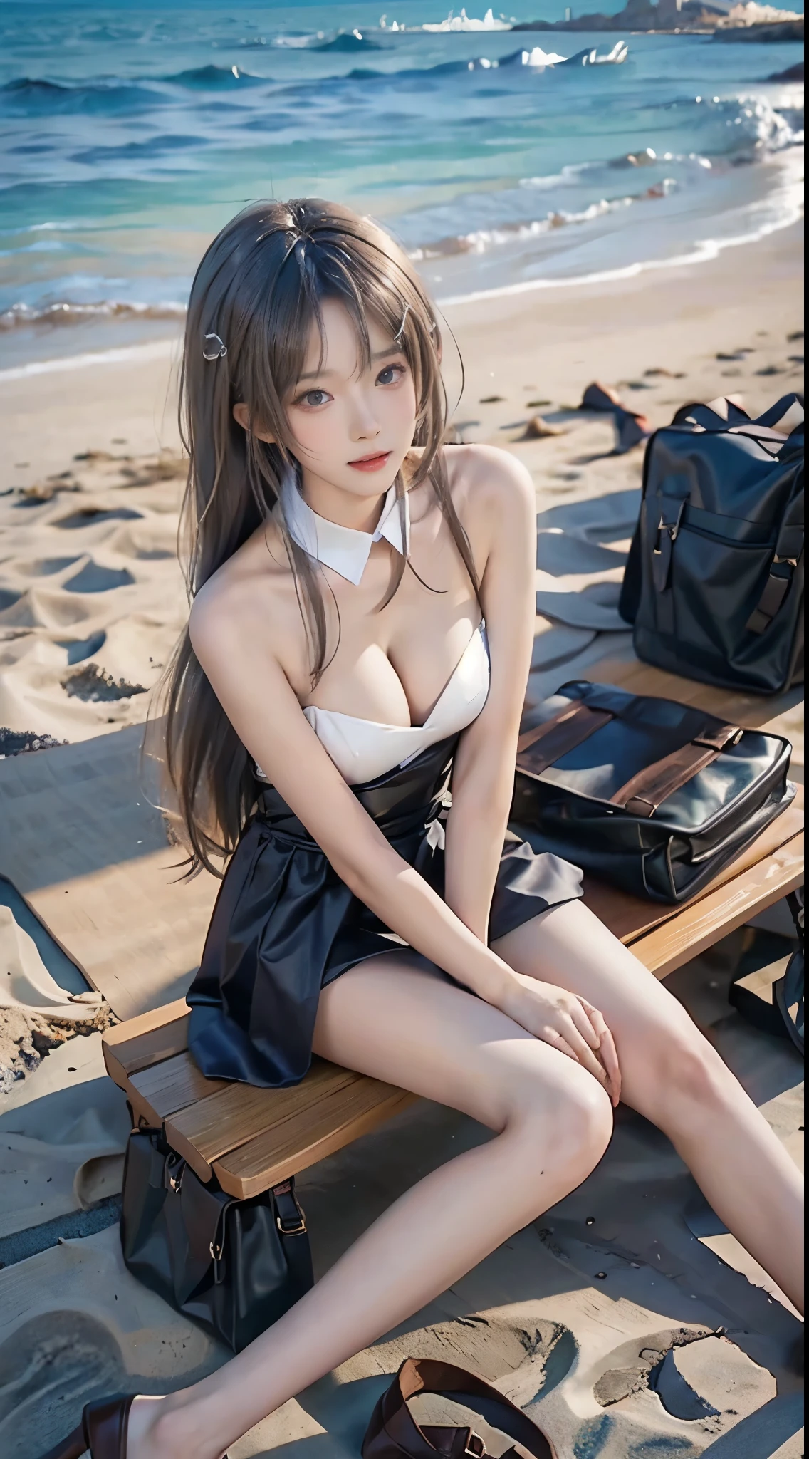 Mai Sakurajima,, (masterpiece, best quality:1.2), 1girl, solo, ((bare shoulders)), (actual:1.37), ((lying on a beach)), ((Bird&#39;s eye view shot)), Sweet maiden, beautiful妆容, Exquisite makeup, Extremely beautiful eyes, long hair, curls, slim body, ((big breasts, Big breasts, cleavage)), Sexy slender legs, The skirt is short, Leaking sexy legs, elegant posture, Dynamic posing, best quality, correct, correct的手, correct的腿, 解剖学correct, official art, complex, detail的脸, detail, lifelike, Very detailed, amazing, beautiful, Young and energetic, Charming model, Meticulous CG Uniform 8k wallpaper