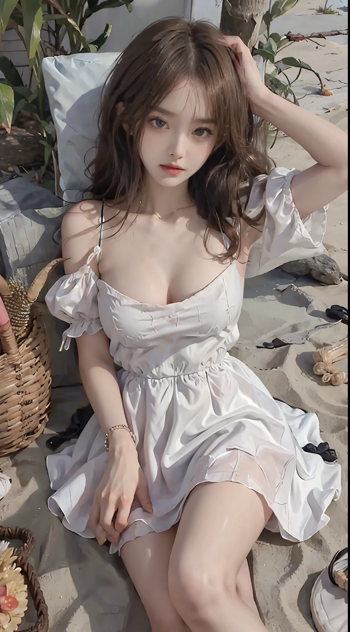 wearing puff_dress, (masterpiece, best quality:1.2), 1girl, solo, ((bare shoulders)), (actual:1.37), ((lying on a beach)), ((Bird&#39;s eye view shot)), Sweet maiden, beautiful妆容, Exquisite makeup, Extremely beautiful eyes, long hair, curls, slim body, ((big breasts, Big breasts, cleavage)), Sexy slender legs, The skirt is short, Leaking sexy legs, elegant posture, Dynamic posing, best quality, correct, correct的手, correct的腿, 解剖学correct, official art, complex, detail的脸, detail, lifelike, Very detailed, amazing, beautiful, Young and energetic, Charming model, Meticulous CG Uniform 8k wallpaper