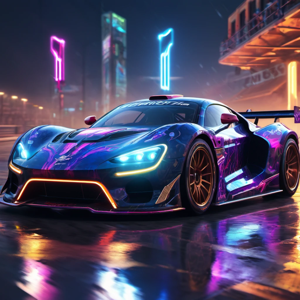 Racing Car, aesthetic, extremely detailed, speeding time lapse lightning flash neon car race detailed, detailed matte painting, deep color, fantastical, intricate detail, splash screen, complementary colors, fantasy concept art, 8k resolution trending on Artstation Unreal Engine 5