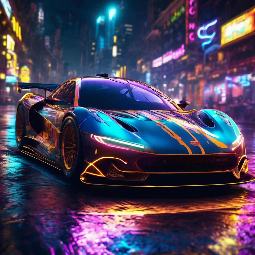 Racing Car, aesthetic, extremely detailed, speeding time lapse lightning flash neon car race detailed, detailed matte painting, deep color, fantastical, intricate detail, splash screen, complementary colors, fantasy concept art, 8k resolution trending on Artstation Unreal Engine 5