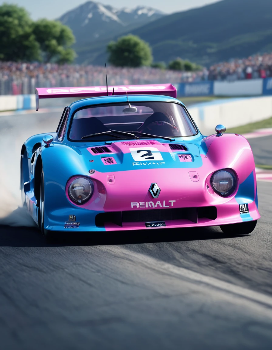 (masterpiece, best quality:1.2), photorealistic, sharp focus, Renault Alpine Blue and pink Racing car