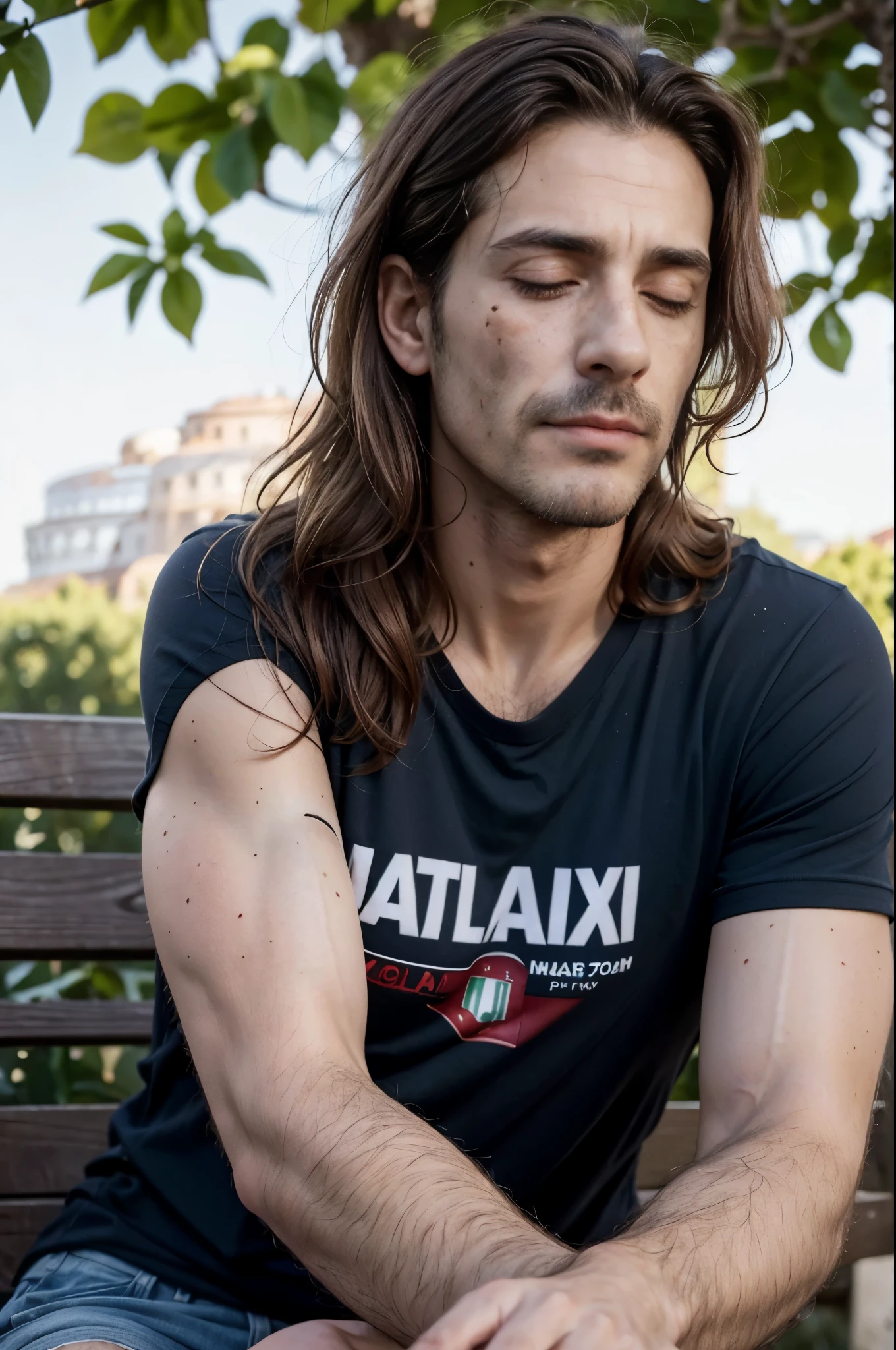 Very awful, (full detailed body) an Italian actor man sitting on a bench, (YES SFW), paparazzi photo of 65yo mature Italian actor man, long_hair, redhead, scars, (full body shot:1.2), long messy hair, scars and wounds on legs,long visible scars on body, (aged face:1.2), (colorful:0.6), (muscles:1.2), (acnes:1.2), (moles on body:1.2), (scars:1.2), (freckles:1.2), extremely detailed skin, detailed skin, messy and wavy red hair, (real pores:1.2), real pores, Italian man, thick black eyebrows, (Italian man:1.5), slightly open mouth, (closed eyes), navy t-shirt, knotted navy shirt, park in blurred background, shooting from below, (view from below), extremely detailed image, blurred background, low angle view