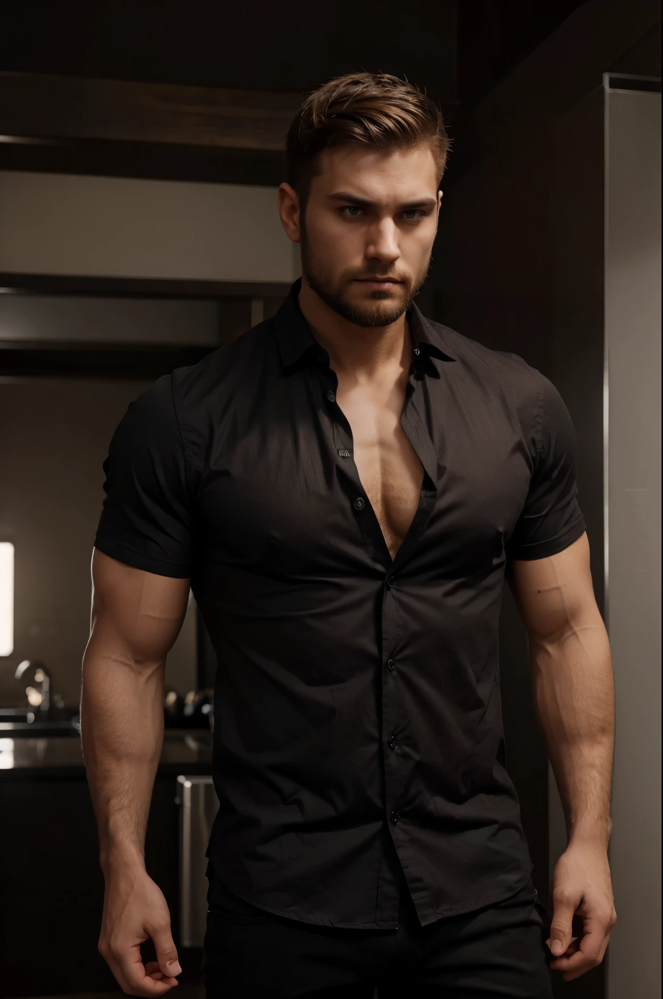 Male Character, Short Beard, almost shaved hair, brown hair, Sharp Jawline, Intense Eyes, Muscular Body, Standing, Photographic Image, Candid, Black Colour Color Shirt, Unbuttoned Shirt.