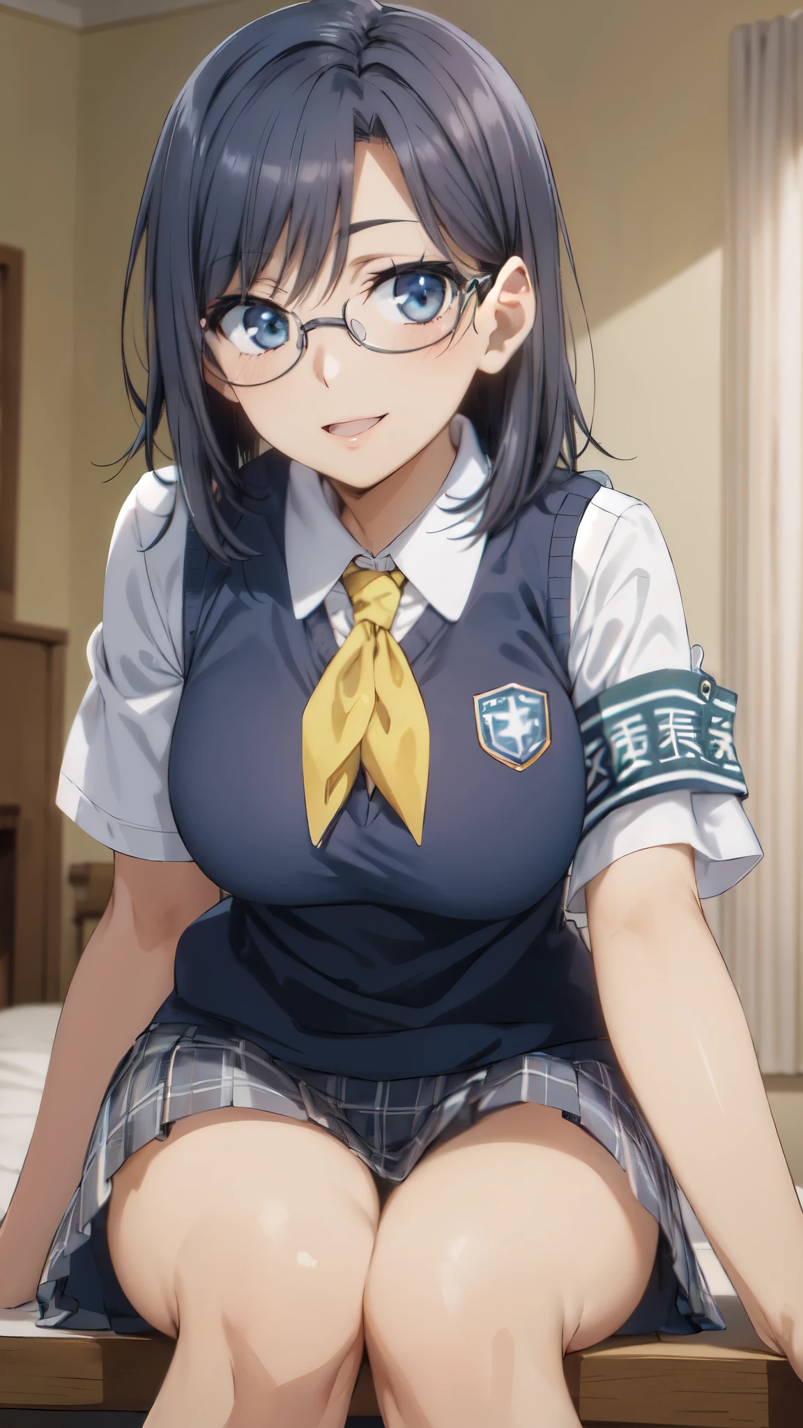 masterpiece, highest quality, High resolution, morning, short hair, black hair, blue eyes, Glasses, , yellow neckerchief, collared shirt, sweater vest, (Blue Vest:1.2), short sleeve, armband, plaid skirt, gray skirt, indoors, sitting, smile, open your mouth, wave hands