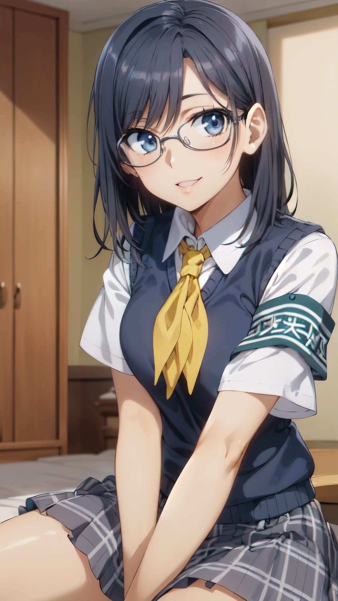 masterpiece, highest quality, High resolution, morning, short hair, black hair, blue eyes, Glasses, , yellow neckerchief, collared shirt, sweater vest, (Blue Vest:1.2), short sleeve, armband, plaid skirt, gray skirt, indoors, sitting, smile, open your mouth, wave hands